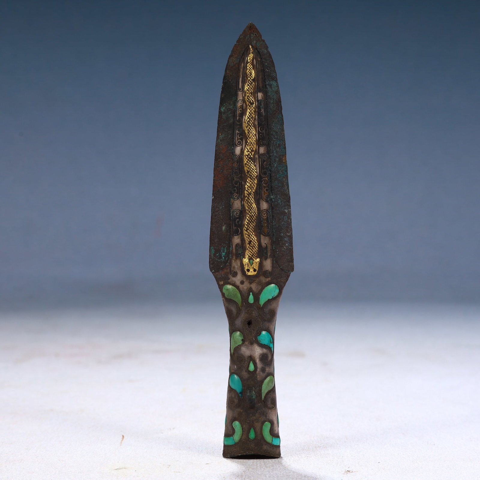 An Archaic Bronze Inlaid Gold Snake Pattern Hook,Inlaid Turquoise (1 of 6)