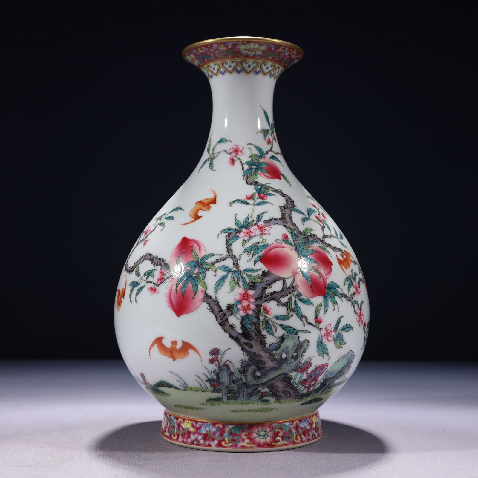 An Exquisite Famille-Rose Painted Gold Bats and Peach Pattern Vase,with poem: An Exquisite Famille-Rose Painted Gold Bats and Peach Pattern Vase,with poem,Qing Dynasty,China,Yongzheng Six-character Mark,Size:7.5inx12.2in,Weight:2350g