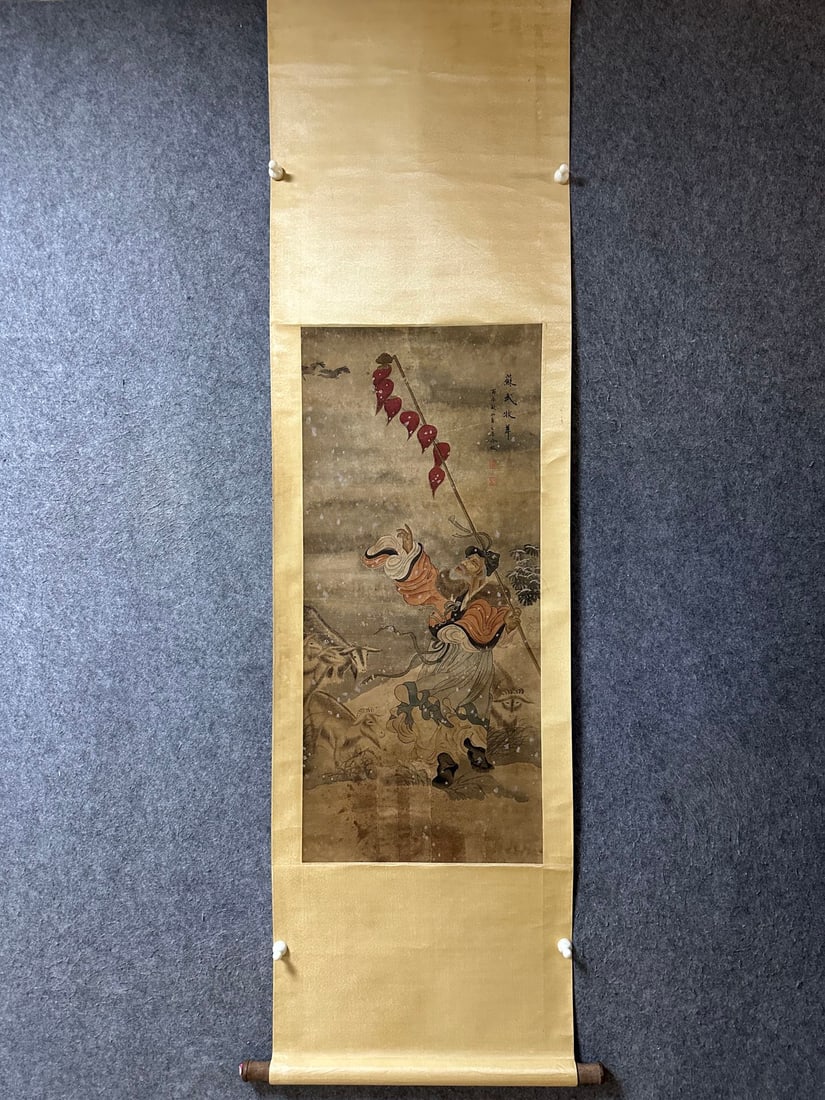 An Exquisite Chinese Vertical Scroll Ink Painting of Figure on Paper: An Exquisite Chinese Vertical Scroll Ink Painting of Figure on Paper,Leng Mei,Size:37.4inx16.5in