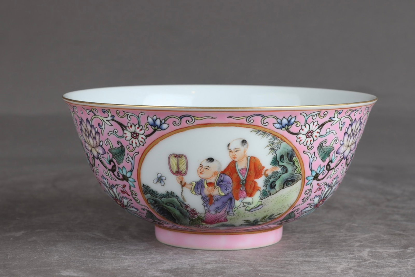 An Exquisite Pink Ground Famille-Rose Painted Gold Character and Story Pattern Bowl: An Exquisite Pink Ground Famille-Rose Painted Gold Character and Story Pattern Bowl,Qing Dynasty,China,Yongzheng Six-character Mark,Size:2.8inx5.9in 粉地粉彩描金