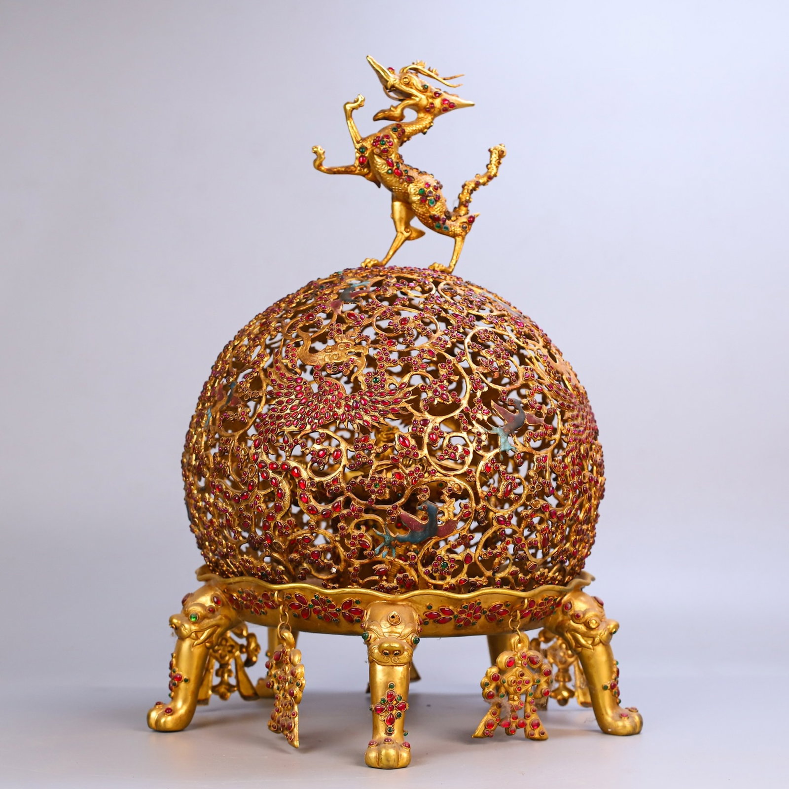 A Huge Gilt Bronze Hollow Dragon and Phoenix Pattern Censer,Inlaid Gems: A Huge Gilt Bronze Hollow Dragon and Phoenix Pattern Censer,Inlaid Gems,Qing Dynasty,China,Qianlong Four-character Mark,Size:11.8inx19.3inx11.8in,Weight:4700g