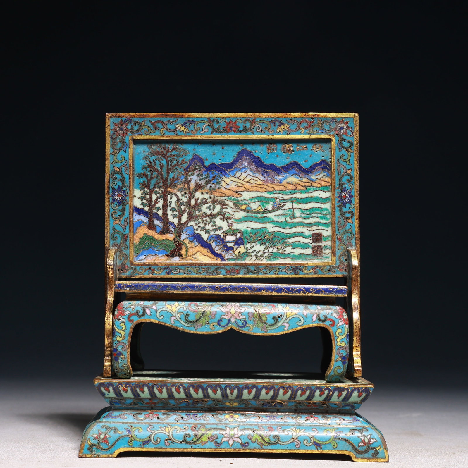 An Exquisite Cloisonne Landscape and Figure Pattern Table Screen,With Poem: An Exquisite Cloisonne Landscape and Figure Pattern Table Screen,With Poem,Qing Dynasty,China,Qianlong Four-character Mark,Size:5.7inx3.5inx6.7in,Weight:1600g