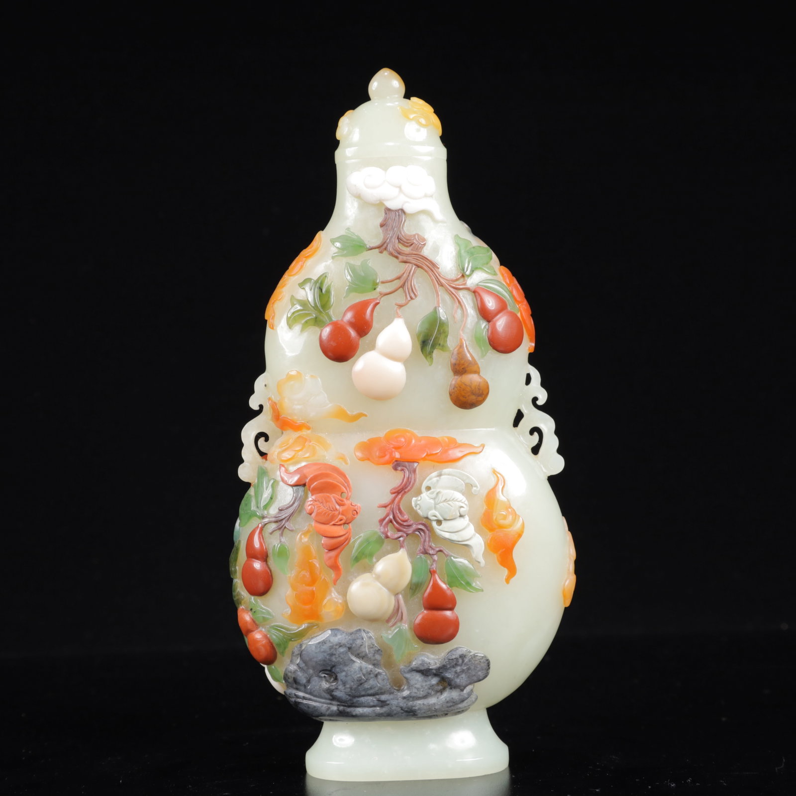 An Exquisite Embroidery Phoenix Pattern Civil Official Rank Badges: A white jade vase of double-gourd form, the surface inlaid with gold and silver wire forming leafy vines, set with rubies, sapphires and turquoises as blossoms and fruits. A masterpiece combining