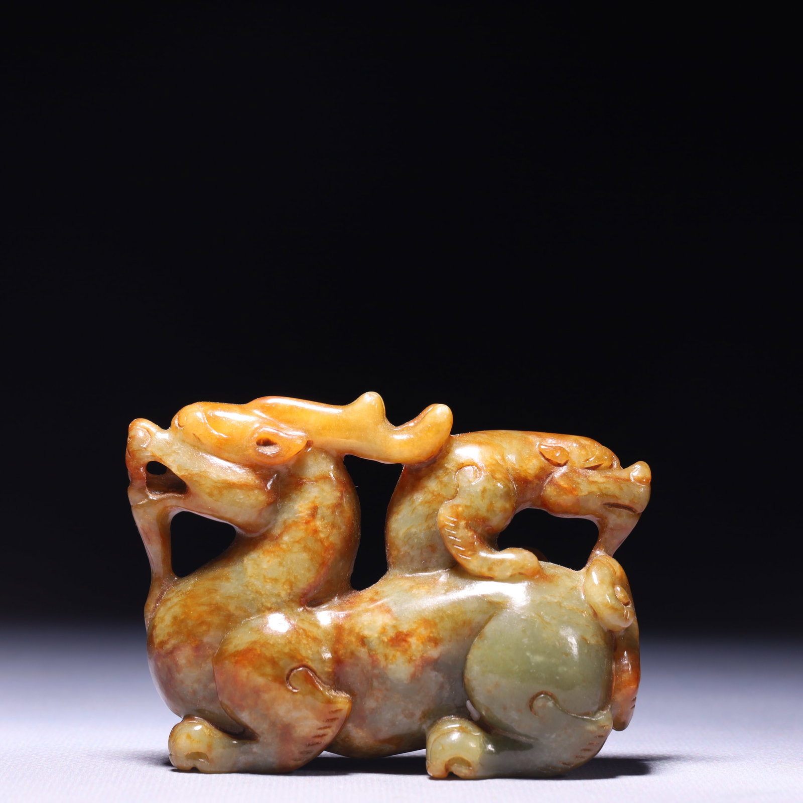 A Pair of Exquisite Sterling Silver-Gold Plated Inlaid Cinnabar Earrings: An Exquisite Archaic Jade Beast Ornament,Ancient Time,China,Size:3.3inx1.2inx2.4in,Weight:237g 高古玉兽摆件,中国远古时期