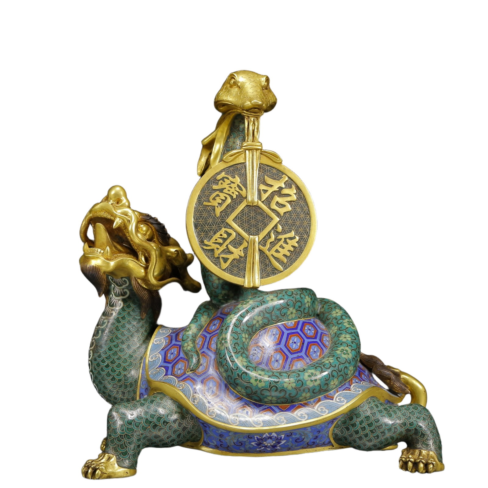 An Exquisite Embroidery Phoenix Pattern Civil Official Rank Badges: A large cloisonné enamel figure of a mythical beast standing four-square on a base, its body decorated with stylised clouds and flames, the eyes and mane detailed in contrasting enamels.