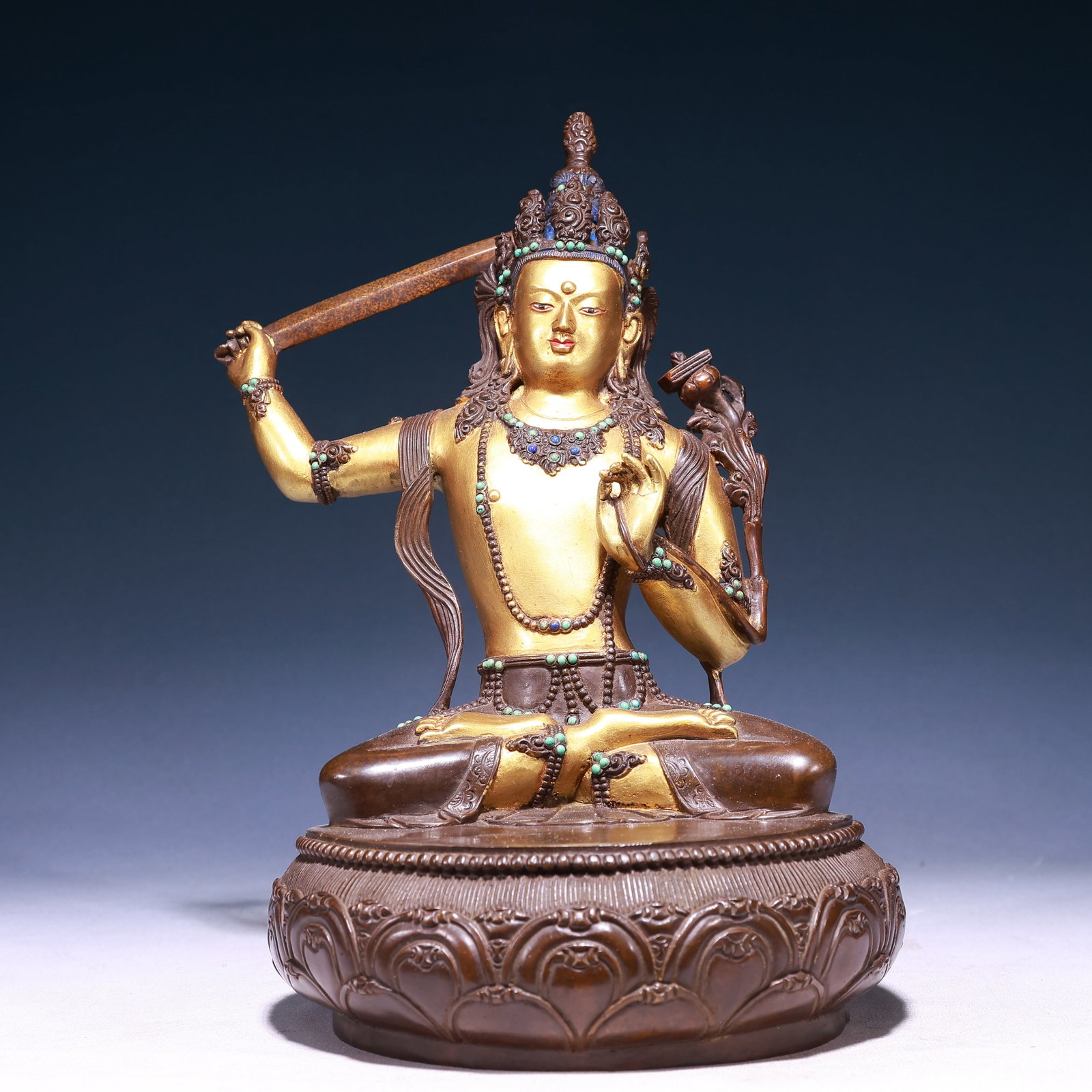 A Rare Cloisonne Inlaid White Jade Lotus and Dragon Pattern Beast-legs Censer: A Solemn Gilt Bronze Statue of Manjusri,Inlaid Turquoise,Qing Dynasty,China,Size:7.5inx12.2in,Weight:5050g 铜鎏金文殊菩萨像,嵌绿松
