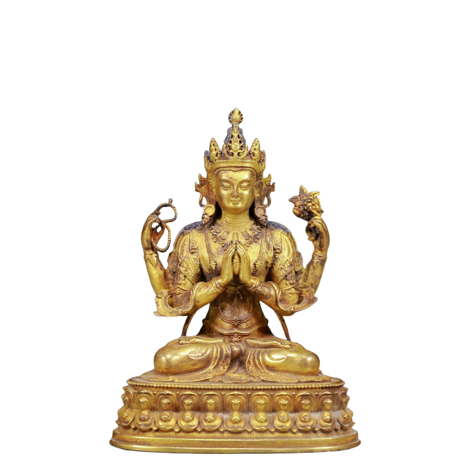 An Exquisite White Jade Pendant: A Solemn Gilt Bronze Statue of Four-Armed Guanyin,Ming Dynasty, China,Size:3inx2.2inx3.9in,Weight:345g 铜鎏金四臂观音像，明代