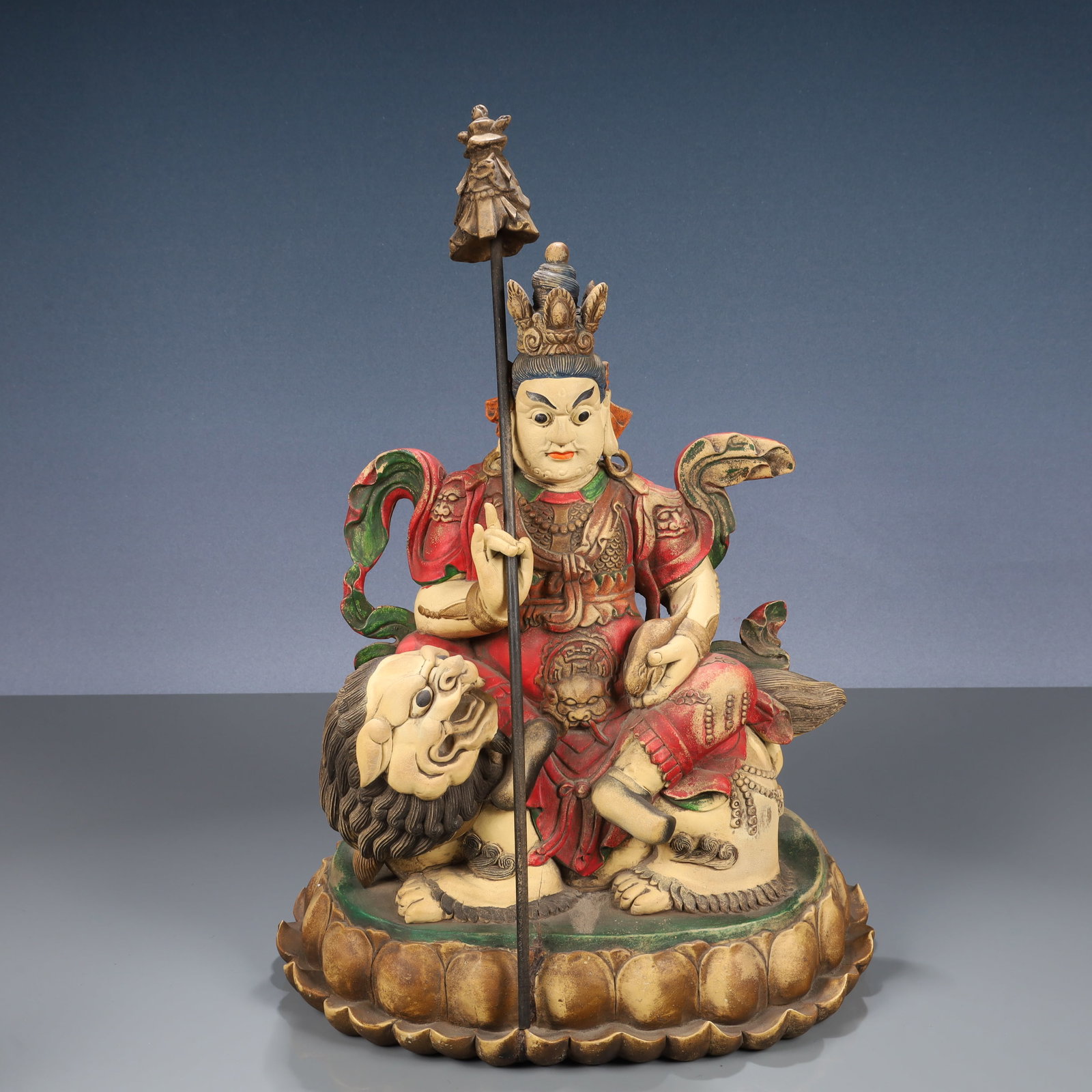 A Pair of Huge Blue and White Famille-Rose Painted Gold Flower and Rooster Pattern Double-Ears: A Huge Wood Painted Color Statue of Mammon,Qing Dynasty, China,Size:11.8inx7.9inx19.7in,Weight:3600g 木头彩绘财神像,中国清代