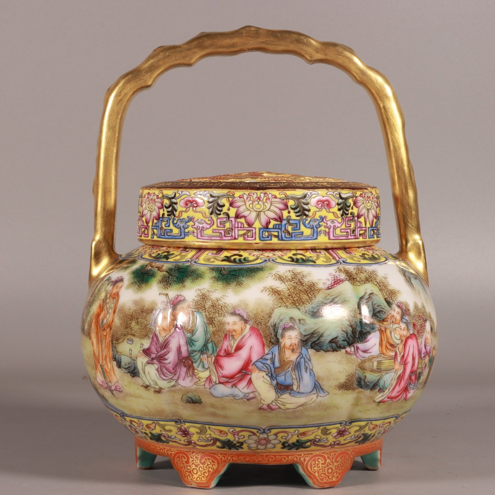 An Exquisite Blue and White Seawater Auspicious Cloud and Kylin Pattern Vase: An Exquisite Yellow Ground Enamel Painted Gold Character and Story Pattern Loop-Handled Jar,with poem,Qing Dynasty,China,Qianlong Four-character Mark,Size:7.5inx5.9in 黄地珐琅&