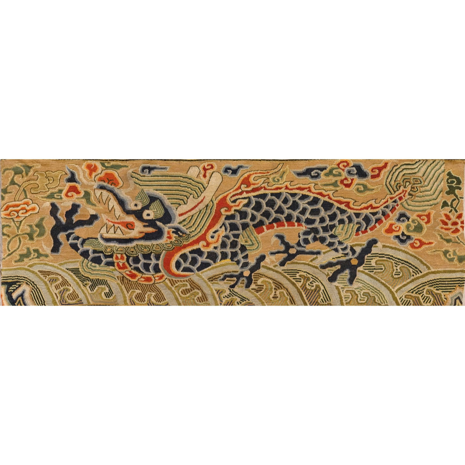 A Chinese Hand Scroll Ink Painting of Landscape on Paper: Ming Dynasty Nasha Embroidered Seawater Dragon Pattern. Size: 32.7inx10.6in. The whole work uses rich colored threads and clever use of stitches. On this embroidery, one can see a dragon, which is an 