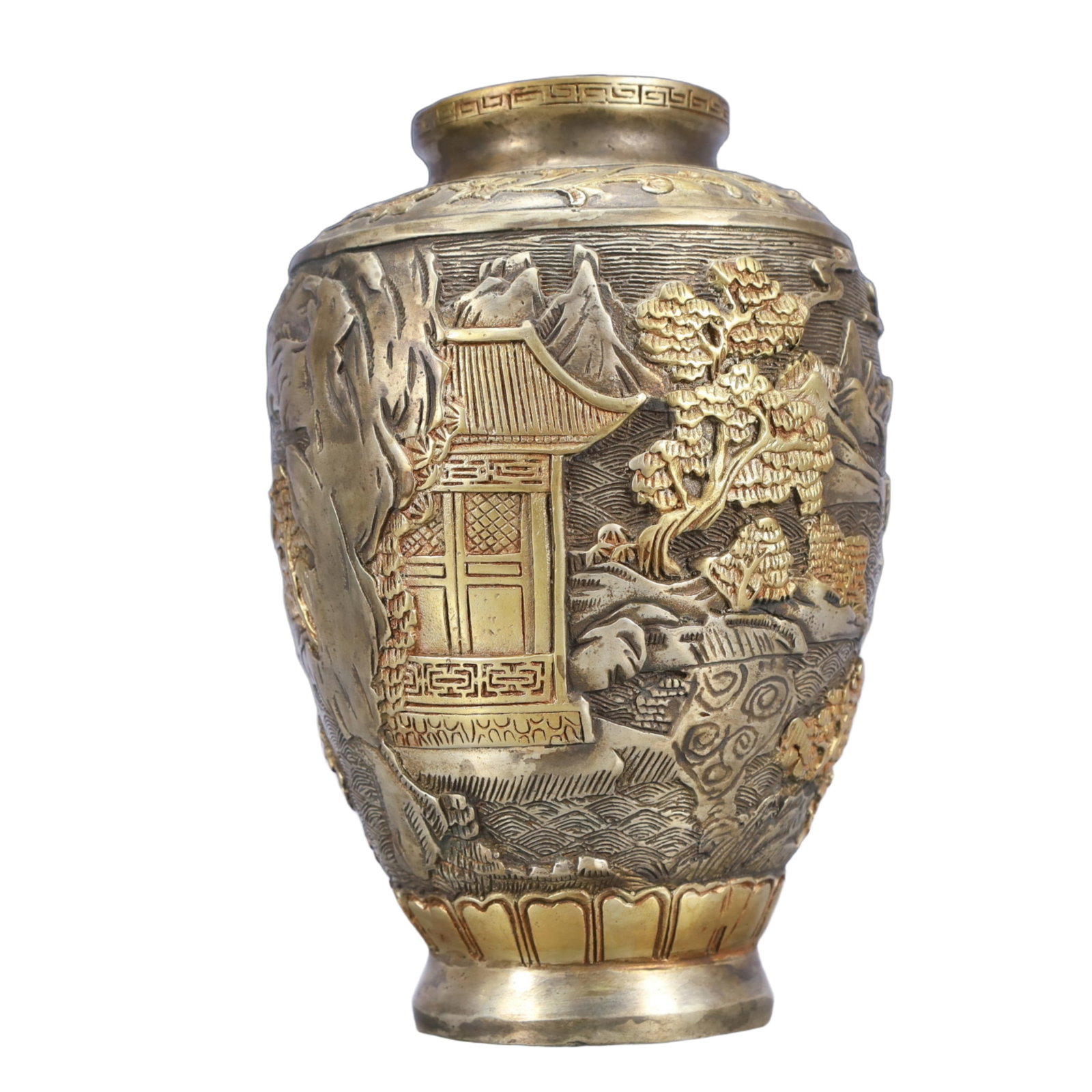 A Rare Blue and White Lotus Pattern Ewer,with Chinese Vertical Scroll Ink Painting on Silk: A Rare Gilt Silver Landscape Pattern Vase,Qing Dynasty, China,Qianlong Four-character Mark,Size:5.9inx8.3in,Weight:1450g