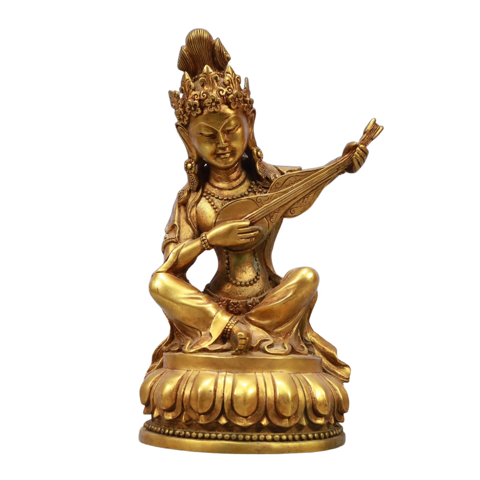 An Exquisite Archaic Jade Lion Ornament: A Rare Gilt Bronze Statue of Gadgadasvara,Tang Dynasty, China,Size:4.7inx3.9inx9.4in,Weight:1500g 铜鎏金妙音观音像,中国唐代