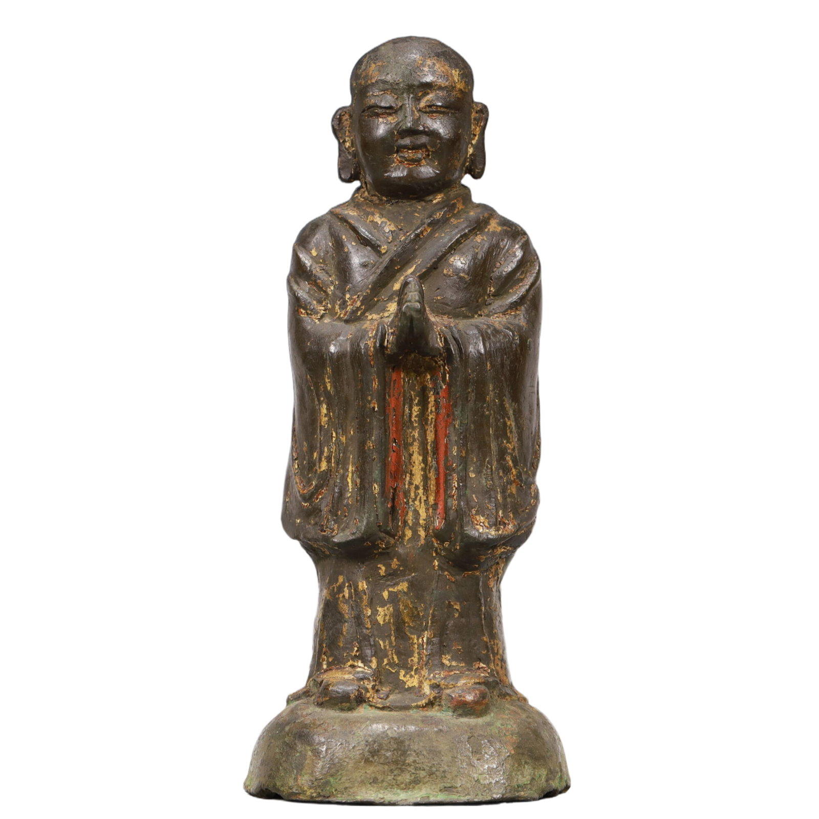 An Archaic Bronze Unicorn Ornament: An Excellent Gilt-Bronze Figure Of Brog.Mi. The bald figure with a dignified expression is stood,body rendered clad in long,flowing robes,the voluminous drapery elegantly cascading in folds,hands