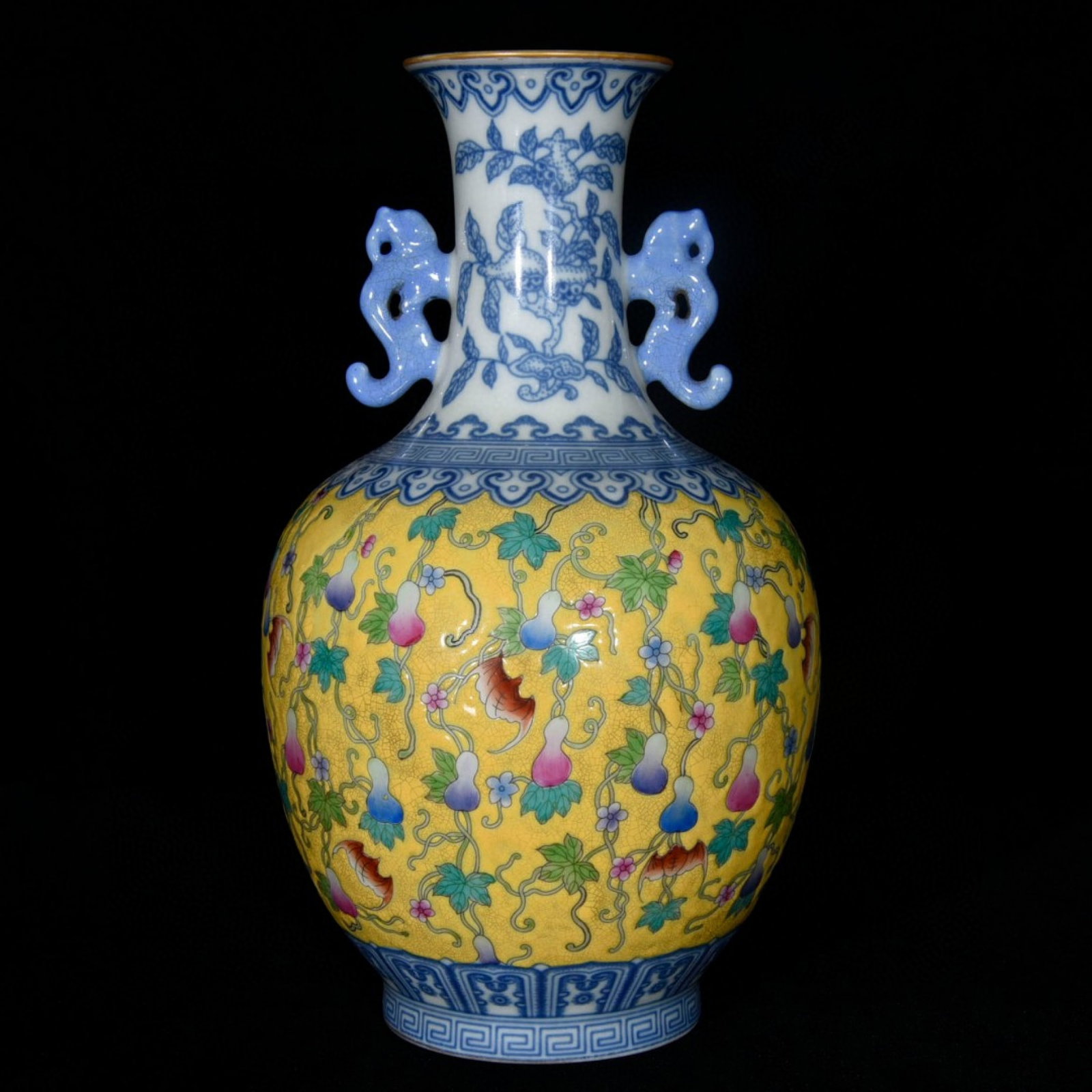An Exquisite Sterling Silver-Gold Plated Inlaid White Jade Enamel Pendant: An Exquisite Yellow Ground Blue and White Bats and Groud Pattern Double-Ears Vase,Qing Dynasty,China,Yongzheng Six-character Mark,Size:8.9inx5.9in 黄地青花蝙蝠Œ