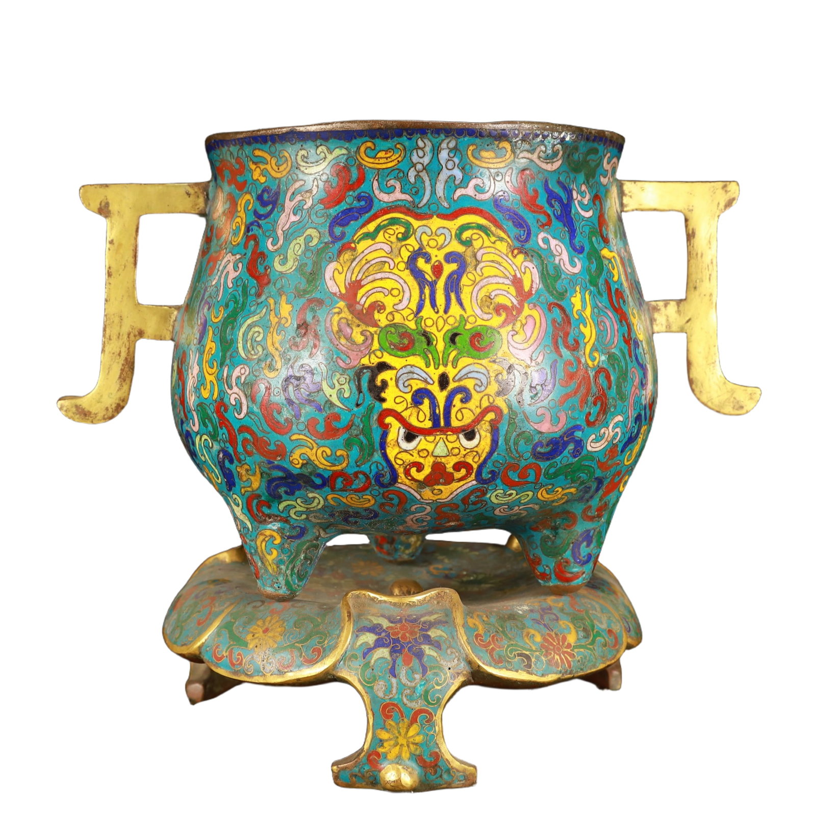 A Pair of Exquisite Bronze-Gold Plated Inlaid Jasper Earrings: An Exquisite Cloisonne Lotus Beast-Face Pattern Double-Ears and Tripod Censer,(A type of enamelware with metal wires separating colored glaze, originating in China),Ming Dynasty,China,Xuande Six-chara