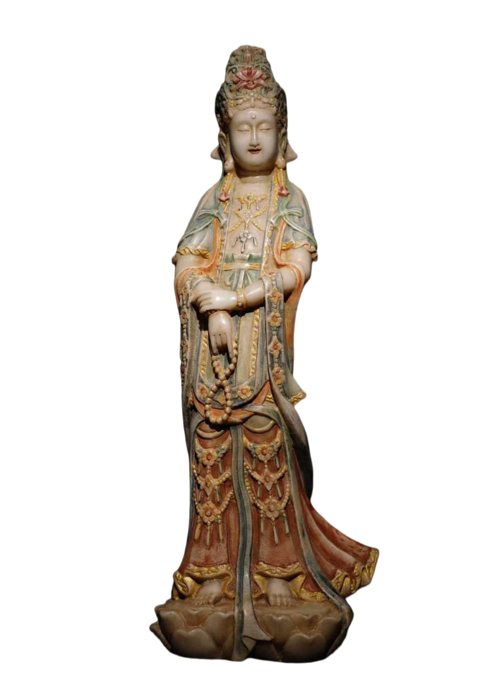 An Exquisite Sterling Silver-Gold Plated Inlaid Aquamarine Necklace: A Solemn Marble Painted Color Statue of Avalokitesvara,Qing Dynasty,China,Size:35.4inx13.8inx11in 汉白玉彩绘观音像,中国清代