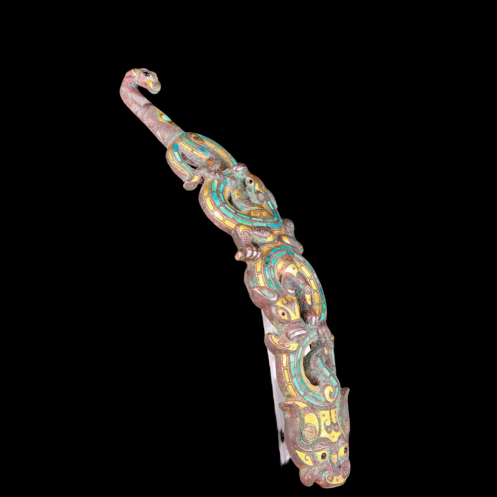A Chinese Vertical Scroll Ink Painting of Landscape on Paper: precious bronze inlaid with gold, silver and turquoise with auspicious animal patterns, ancient times, Size: 8.1inx1.6inx1.4in, Weight: 372.5g 铜嵌金银和绿松&