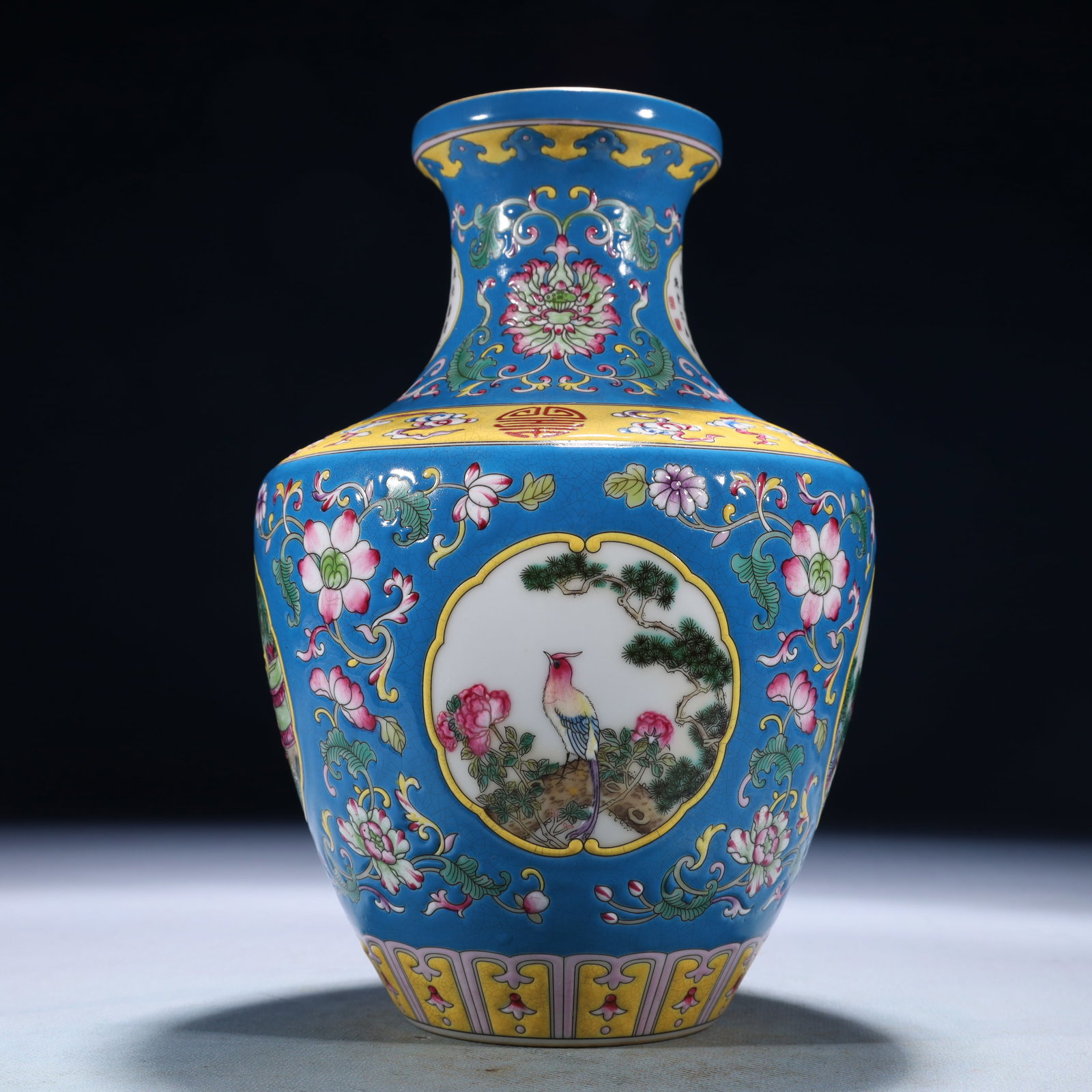 An Exquisite Doucai Auspicious Cloud and Dragon Pattern Bowl: An Exquisite Blue Ground Famille-Rose Flower and Bird Pattern Vase,with poem,Qing Dynasty,China,Yongzheng Four-character Mark,Size:5.5inx9.1in,Weight:1150g 蓝地粉彩花(