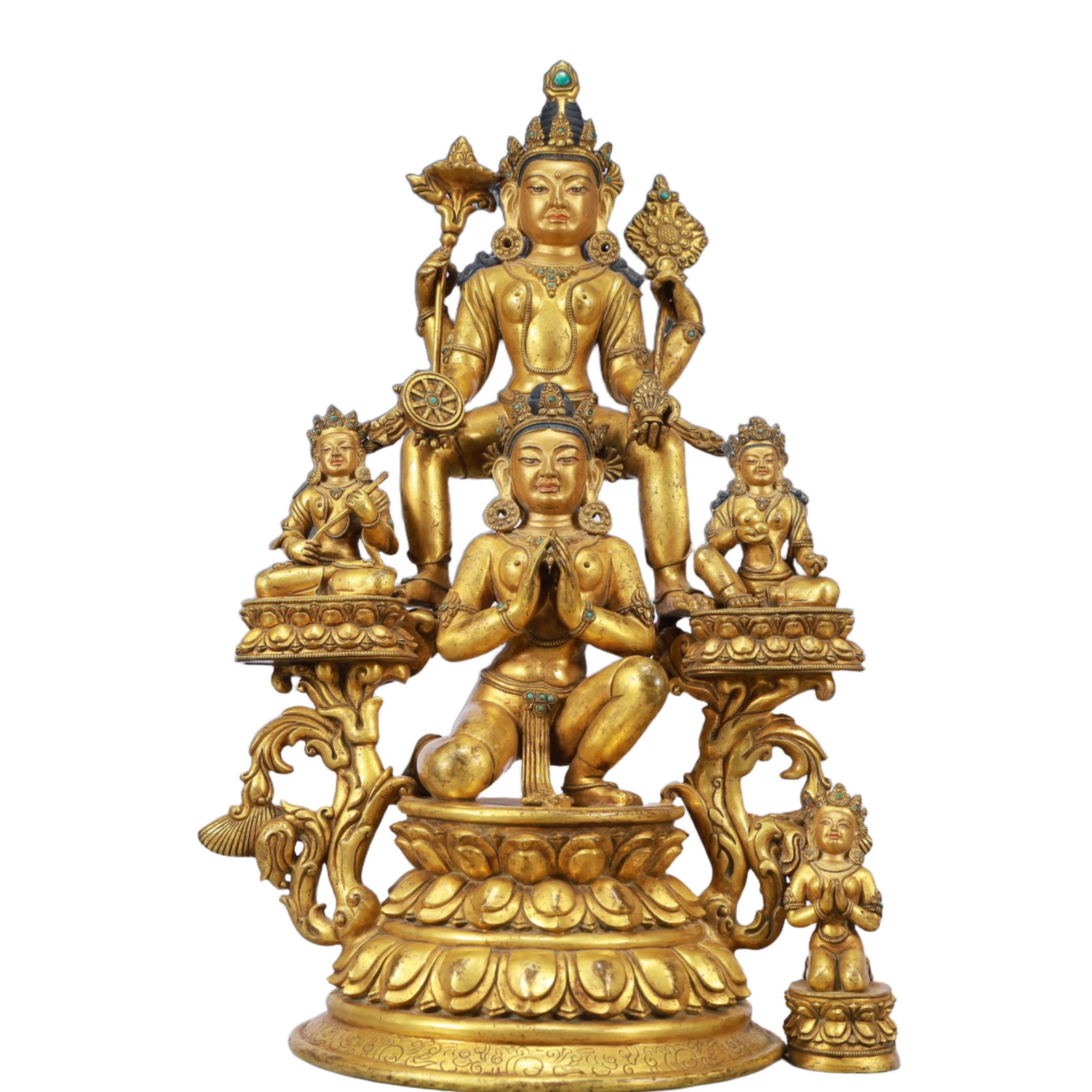 An Exquisite Blue and White Hornwort Pattern Bowl: A Solemn Gilt Bronze Statue of Bodhisattva,Inlaid Turquoise,Ming Dynasty, China,Size:10.2inx7.9inx17.3in,Weight:8850g