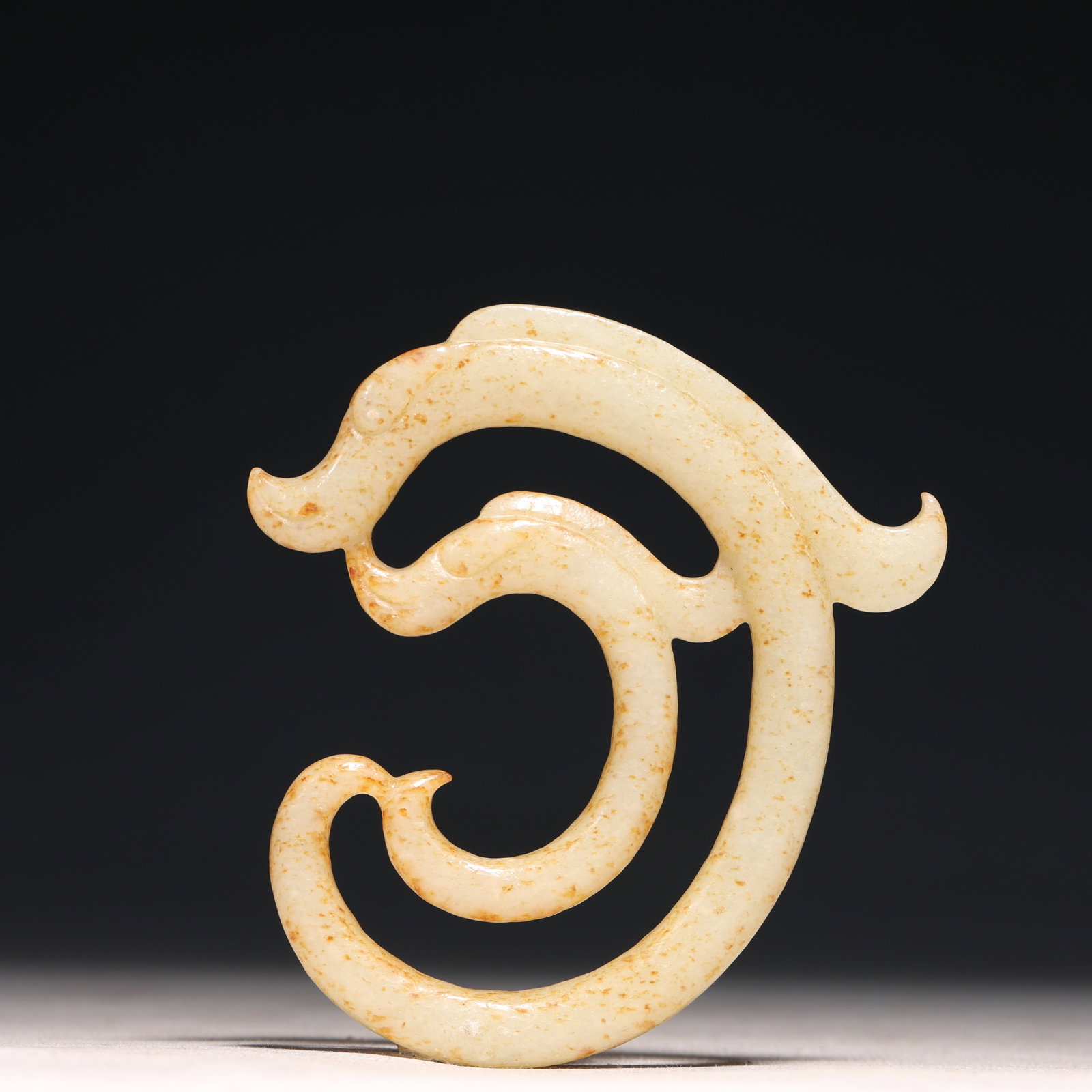 An Exquisite Ru yao Sky Blue Glazed Cover with Silver Jar,with an Imperial Poem by Emperor Qianlong: An Archaic Hongshan Culture White Jade Pendant,Ancient Time, China,Size:3.5inx3.7in,Weight:77g 红山文化白玉挂件,中国新石器