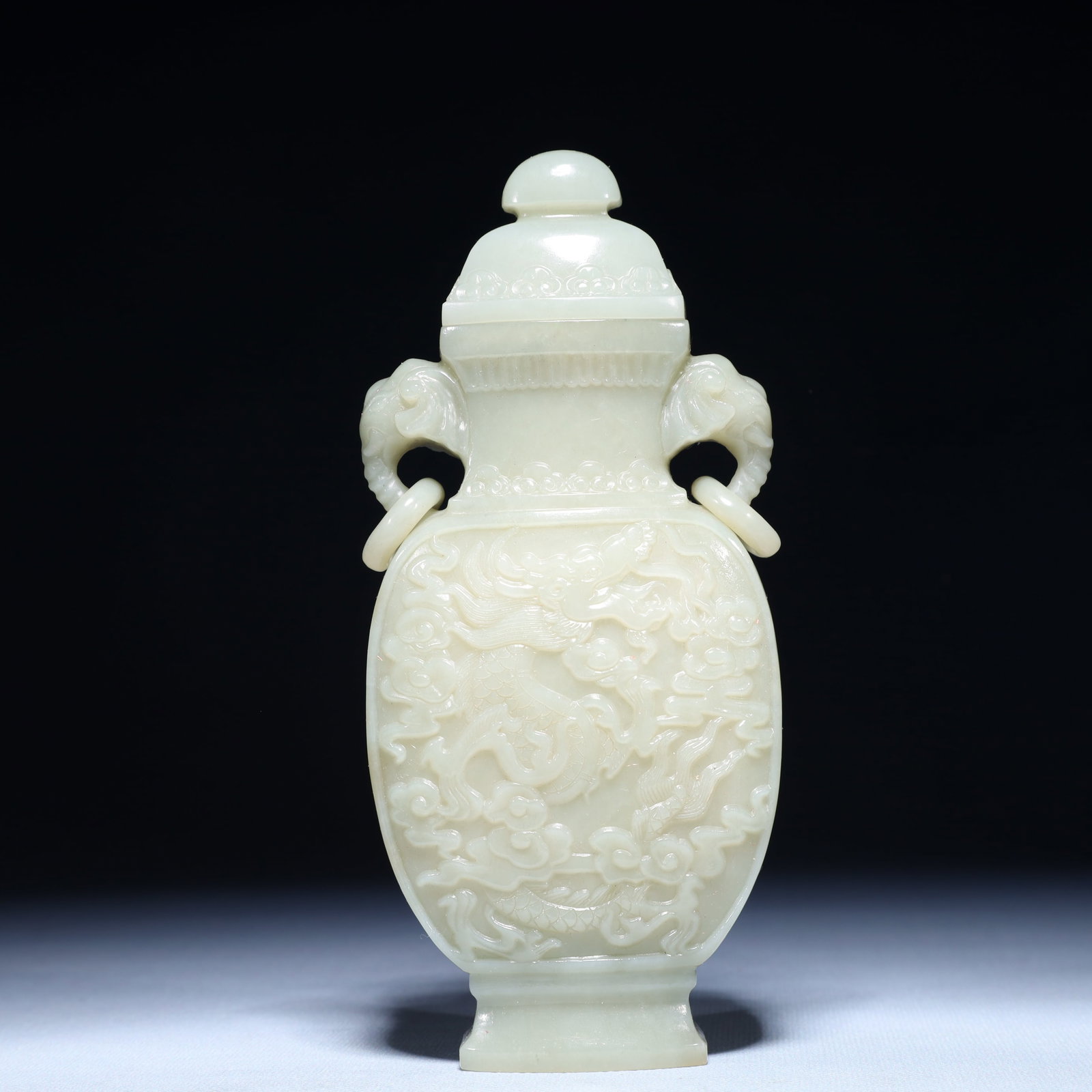 An Exquisite Famille-Rose Auspicious Cloud Pattern Dragon Pattern Painted Gold Vase,With Vertical: An Exquisite White Jade Auspicious Cloud and Dragon Pattern Double-Ears Bottle,Qing Dynasty,China,Size:3.1inx1.2inx7.1in,Weight:323.3g