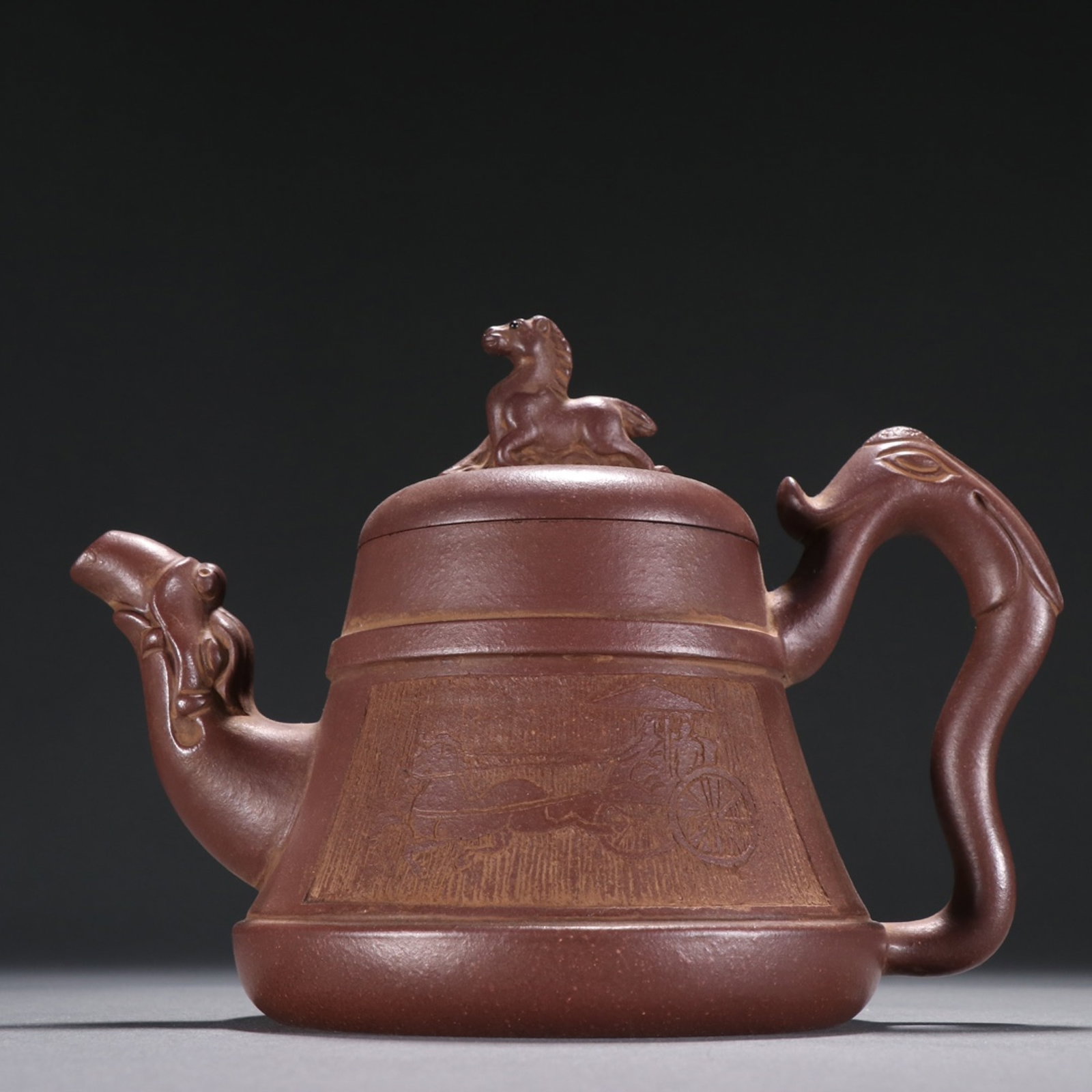 A Solemn Gilt Bronze Buddha Statue: A Rare Purple Sands Beast-head Carriage Pattern Teapot,Qing Dynasty,China,Youquan Mark,Size:4.7inx6.7in