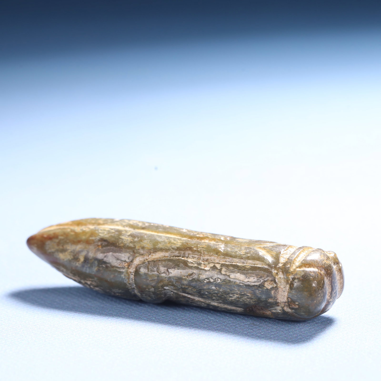 An Exquisite Jadeite Dragon Pattern Pendant: An Archaic Hongshan Culture Greenish Jade Cicada Ornament,Ancient Time,China,Size:3.1inx0.8inx0.6in,Weight:50g 红山文化青白玉蝉摆件,中