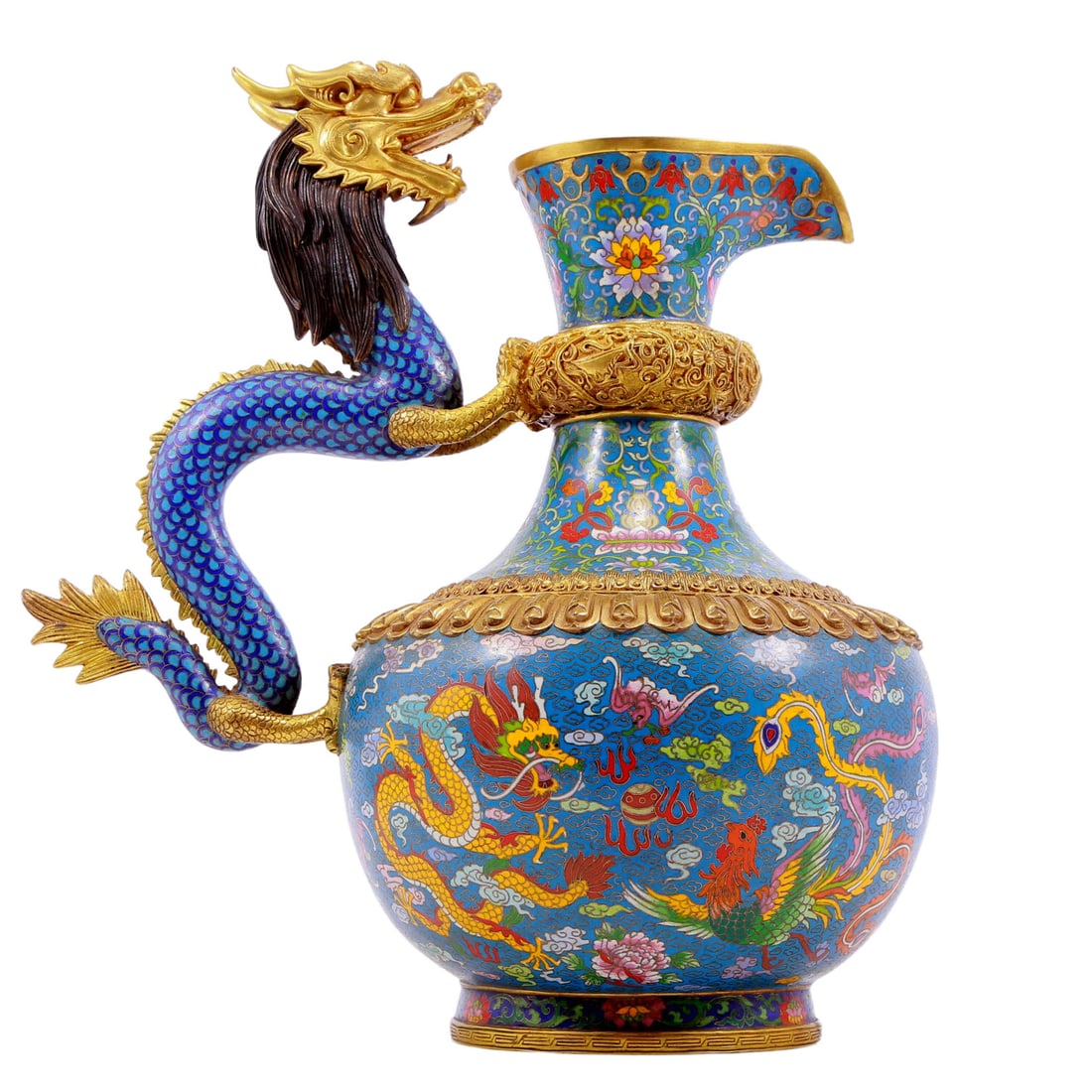 A Pair of Exquisite Aquamarine Earrings: A Magnificent Cloisonne 'Dragon& Phoenix' Ewer. The bottom cast with a key-fret border, body enameled with polychrome patterns, all reserved on a bright yellow ground. Chinese Qing Dynasty. Yongzheng 