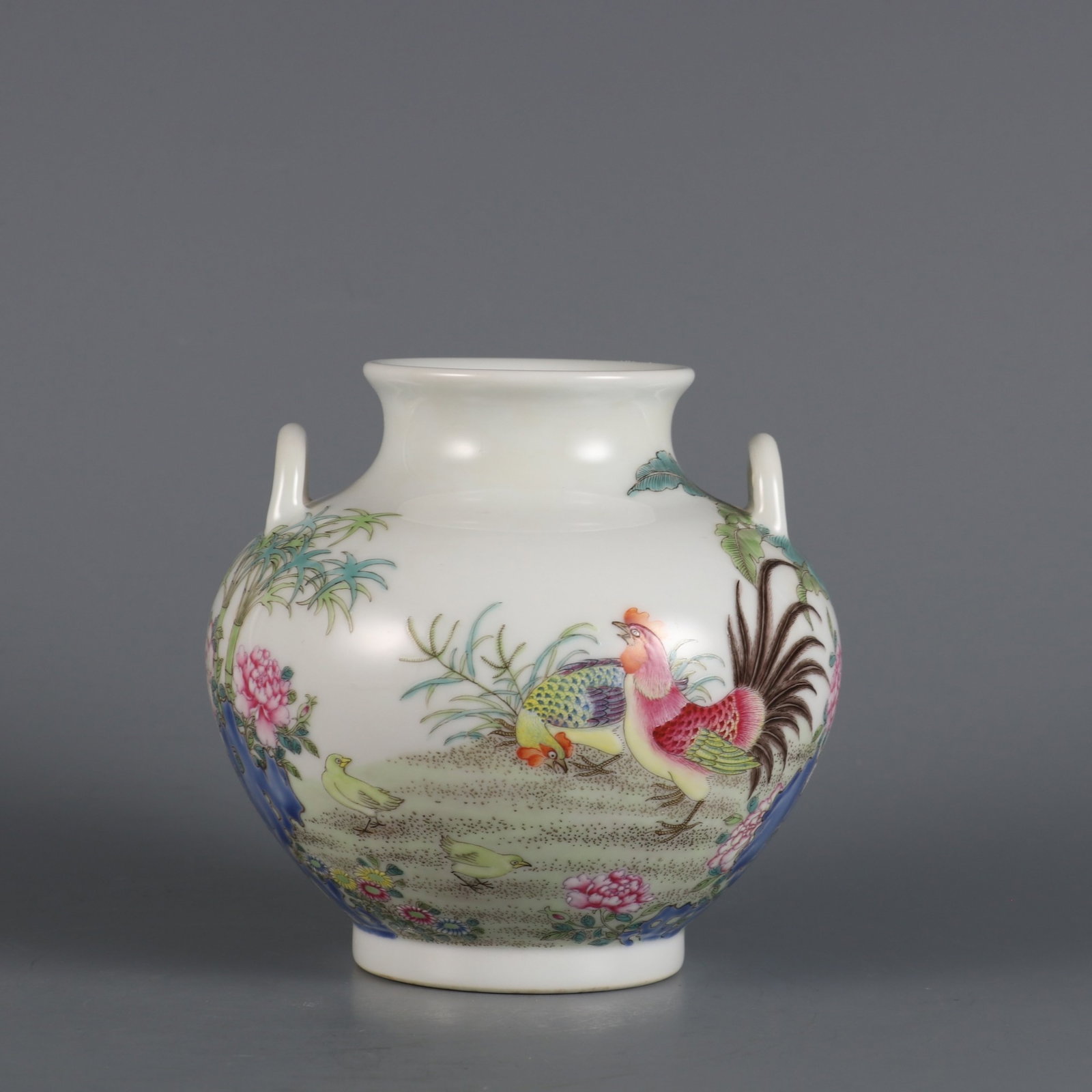 An Exquisite Enamel Flower and Bird Pattern Plate,with poem: An Exquisite Famille-Rose Flower and Rooster Pattern Double-Ears Vase,Qing Dynasty,China,Qianlong Six-character Mark,Size:4.4inx4.5in