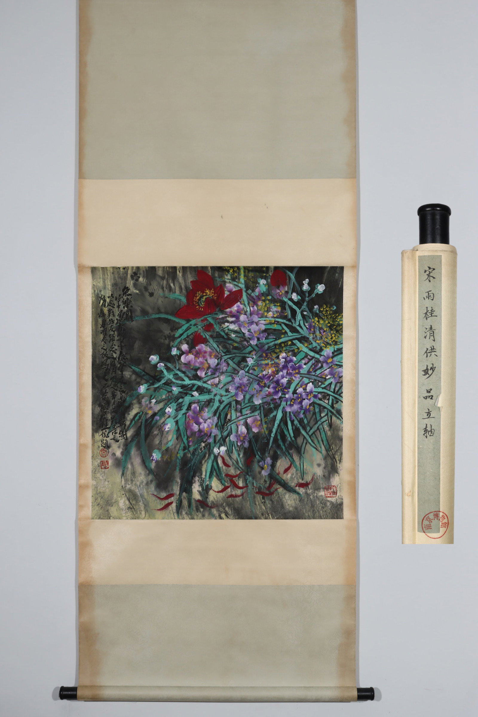 A Chinese Ink Painting of Landscape on Paper with Frame: A Chinese Vertical Scroll Ink Painting of Flower on Paper,Song Yugui,Size:26.8inx26.8in