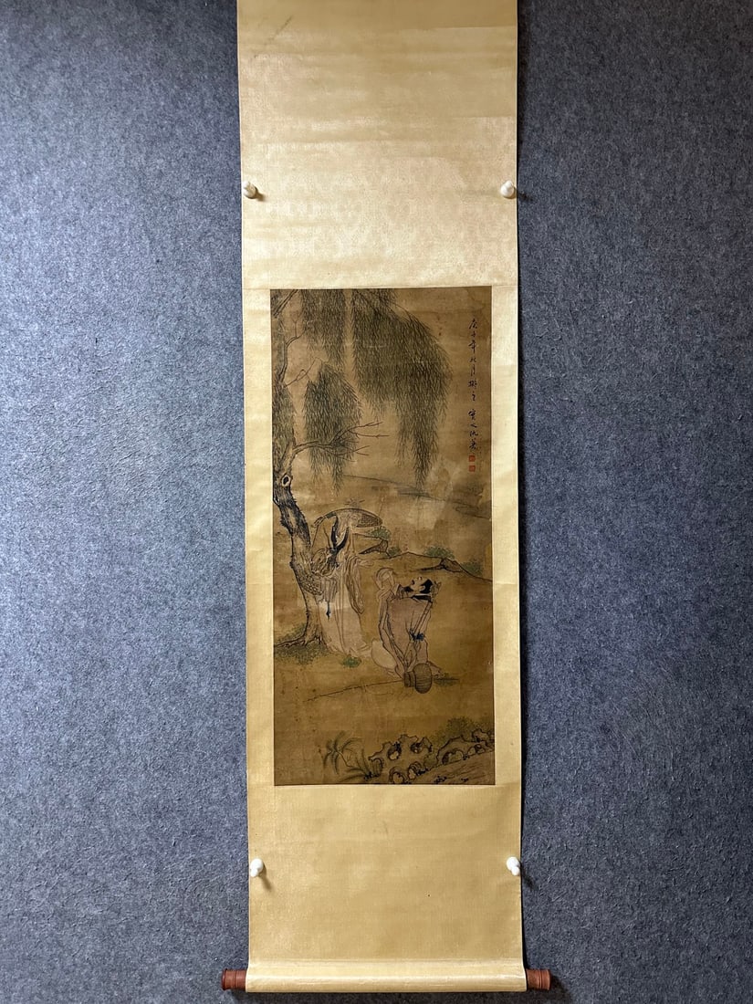 A Pair of Exquisite Sterling Silver-Gold Plated Inlaid Jasper Gourd Earrings: An Exquisite Chinese Vertical Scroll Ink Painting of Character and Story on Paper,Chou Ying,Size:37inx16.5in