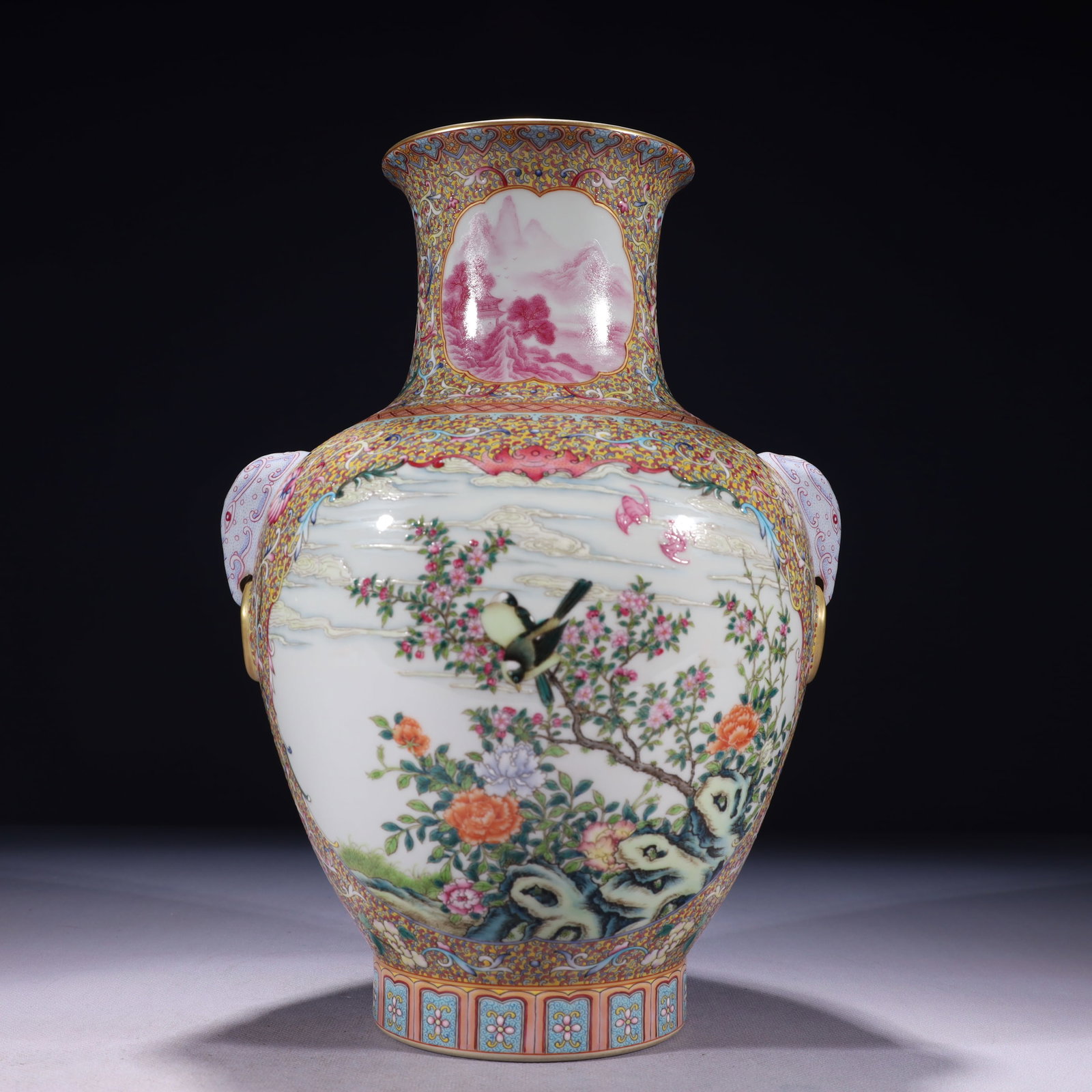 An Exquisite Cloisonne Inlaid Jasper Character and Story Pattern Screen,Inlaid Gems,with an Imperial: An Exquisite Famille-Rose Painted Gold Flower and Bird Pattern Elephant-Ears Vase,Qing Dynasty,China,Qianlong Six-character Mark,Size:8.3inx12.6in,Weight:2250g 粉彩描金花