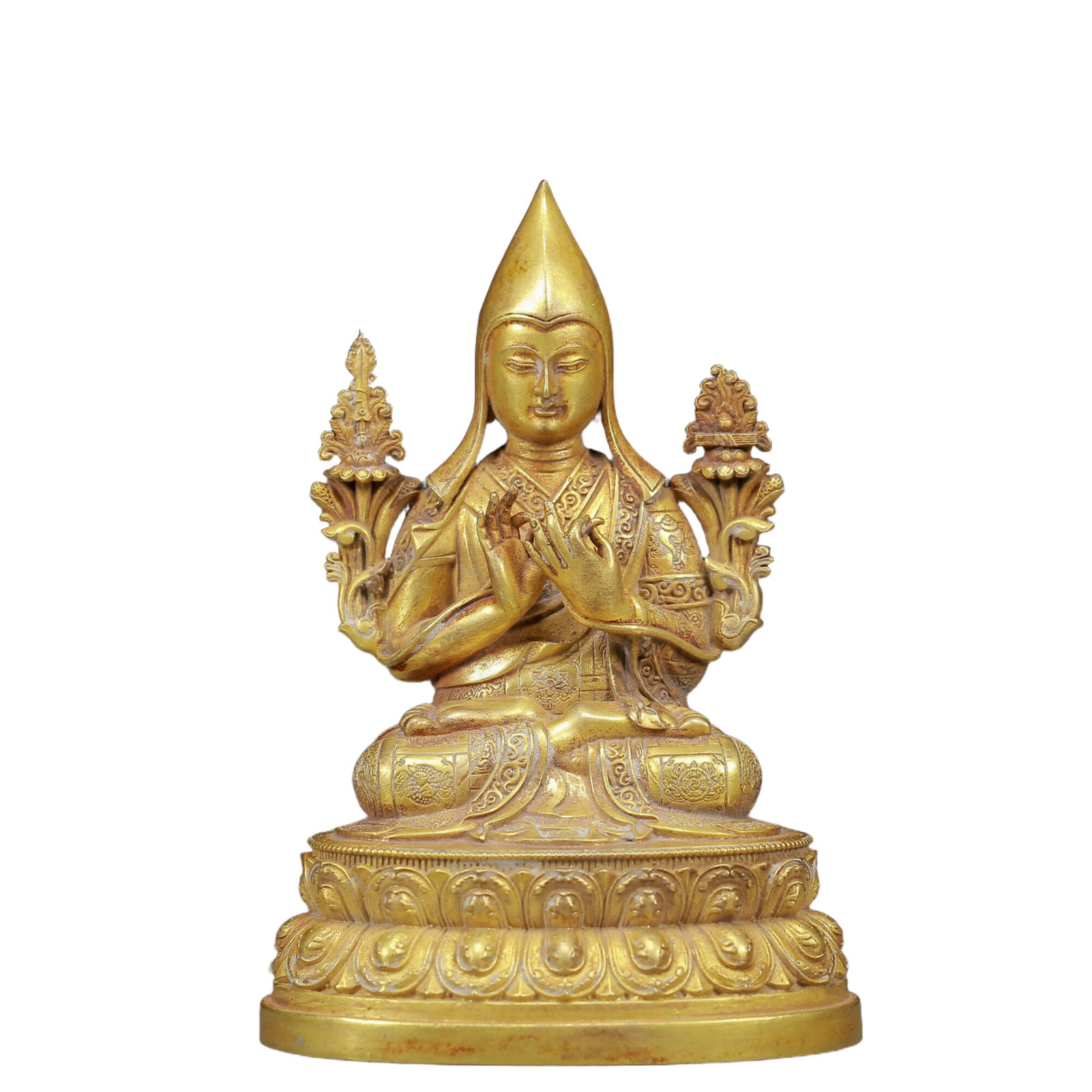 An Exquisite Beeswax Inlaid Silver Necklace: A Solemn Gilt Bronze Statue of Guru,Ming Dynasty, China,Size:2.8inx2.2inx3.9in,Weight:305g 铜鎏金上师像，明代