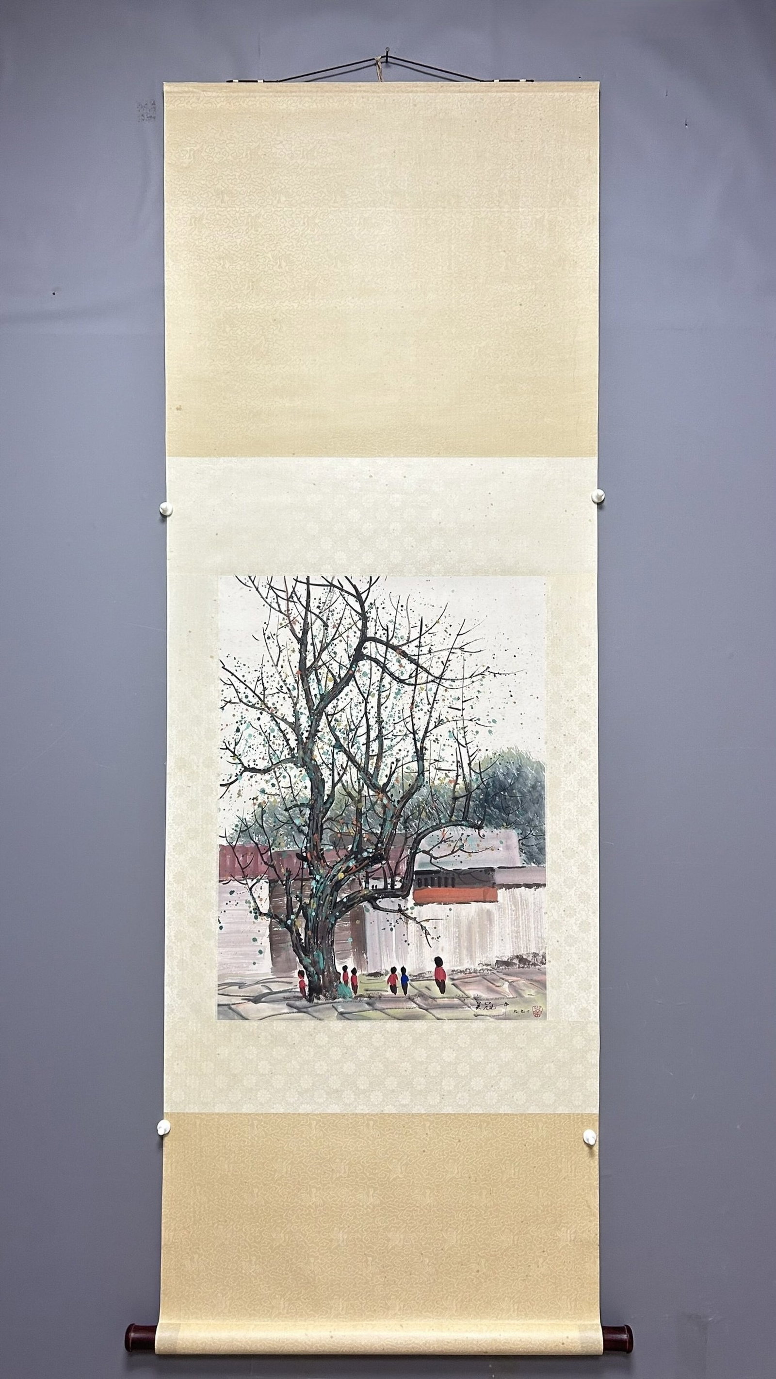 An Exquisite Gilt Bronze Dragon Pattern Cash Coin: A Chinese Vertical Scroll Ink Painting of Landscape and Figure on Paper,Wu Guanzhong,Size:26.4inx19.7in