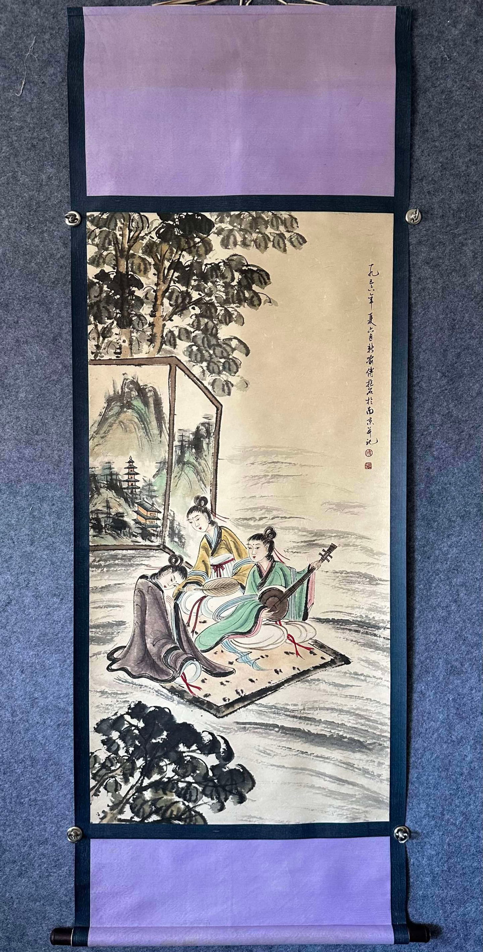 A Solemn Gilt Bronze Statue of Manjusri: A Chinese Vertical Scroll Ink Painting of Character and Story on Paper,Fu Baoshi,Size:26.8inx53.9in