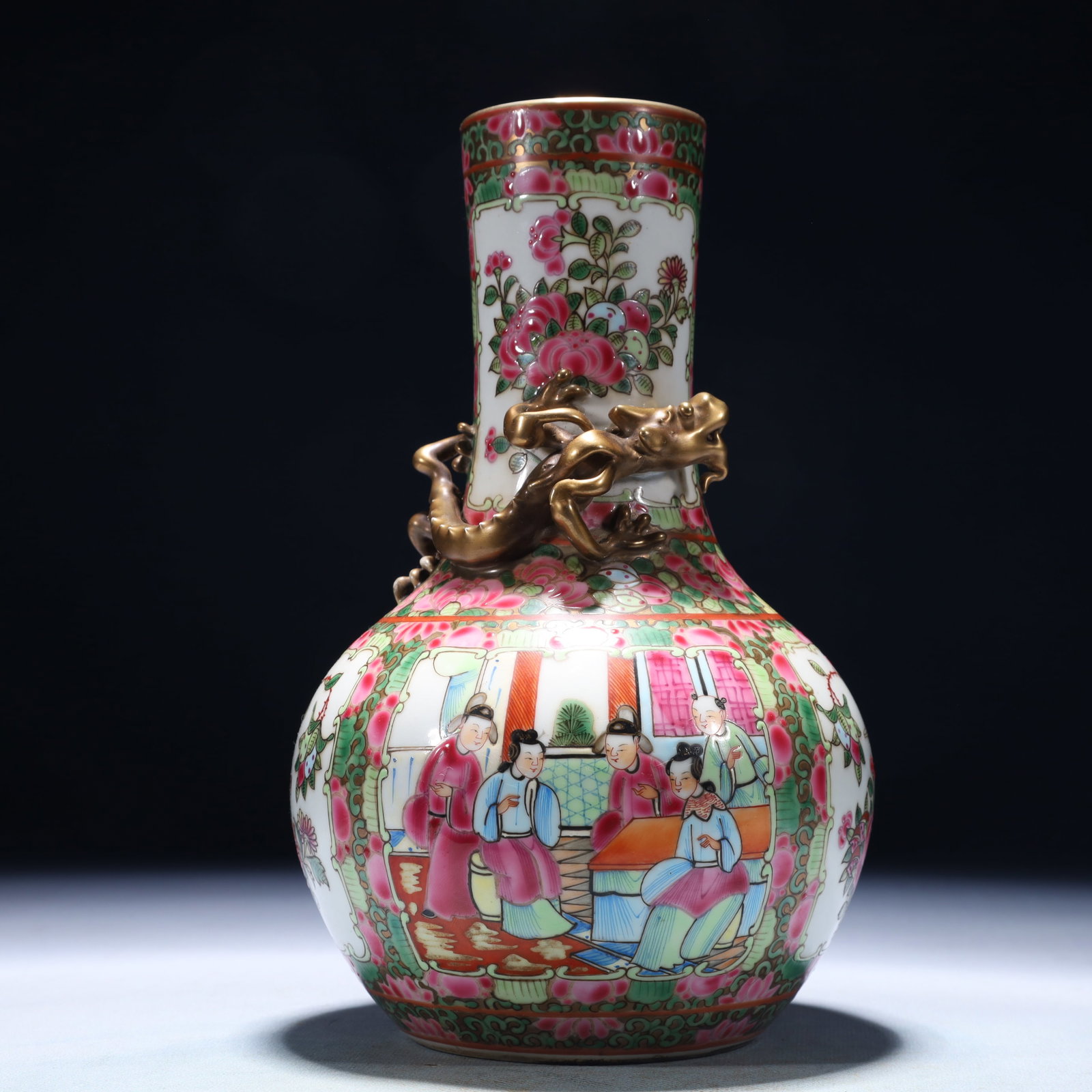 A Solemn Bronze Inlaid Silver Statue of Avalokitesvara: An Exquisite Famille-Rose Character and Story Pattern Vase,Qing Dynasty,China,Size:5.1inx9.1in,Weight:1000g