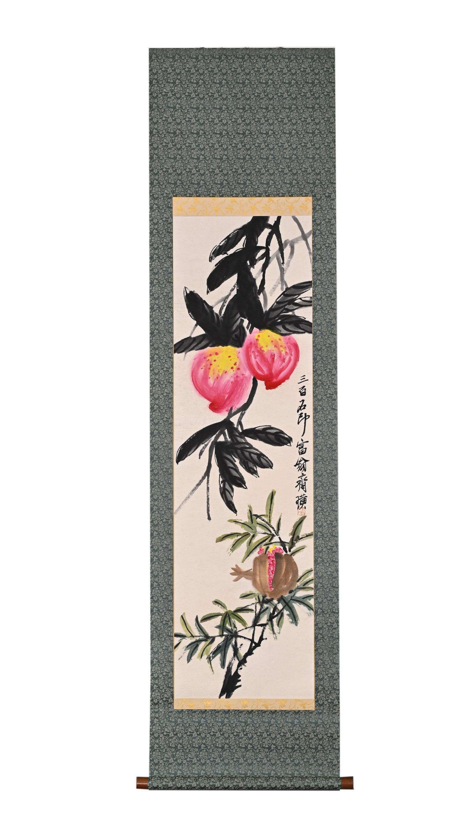 A Solemn Gilt Bronze Inlaid Turquoise Statue of Vajra: A Chinese Vertical Scroll Ink Painting of Pomegranate on Paper,Qi Baishi,Size:45.7inx13in 一幅中国水墨石榴画立轴,齐白ĳ