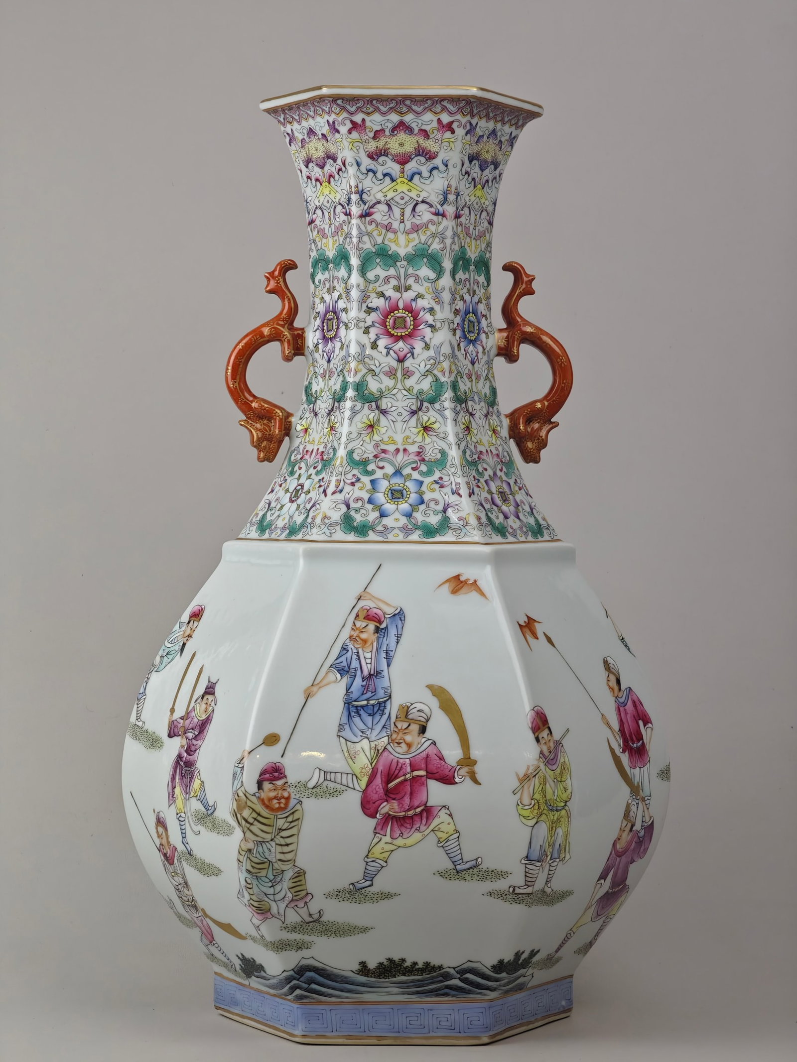 A Huge Turquoise Glazed Famille-Rose Painted Gold Flower and Phoenix Pattern Vase: A Huge Famille-Rose Painted Gold Character and Story Pattern Double-Ears Vase,Qing Dynasty,China,Qianlong Six-character Mark,Size:17.9inx11in 粉彩描金人物故&#