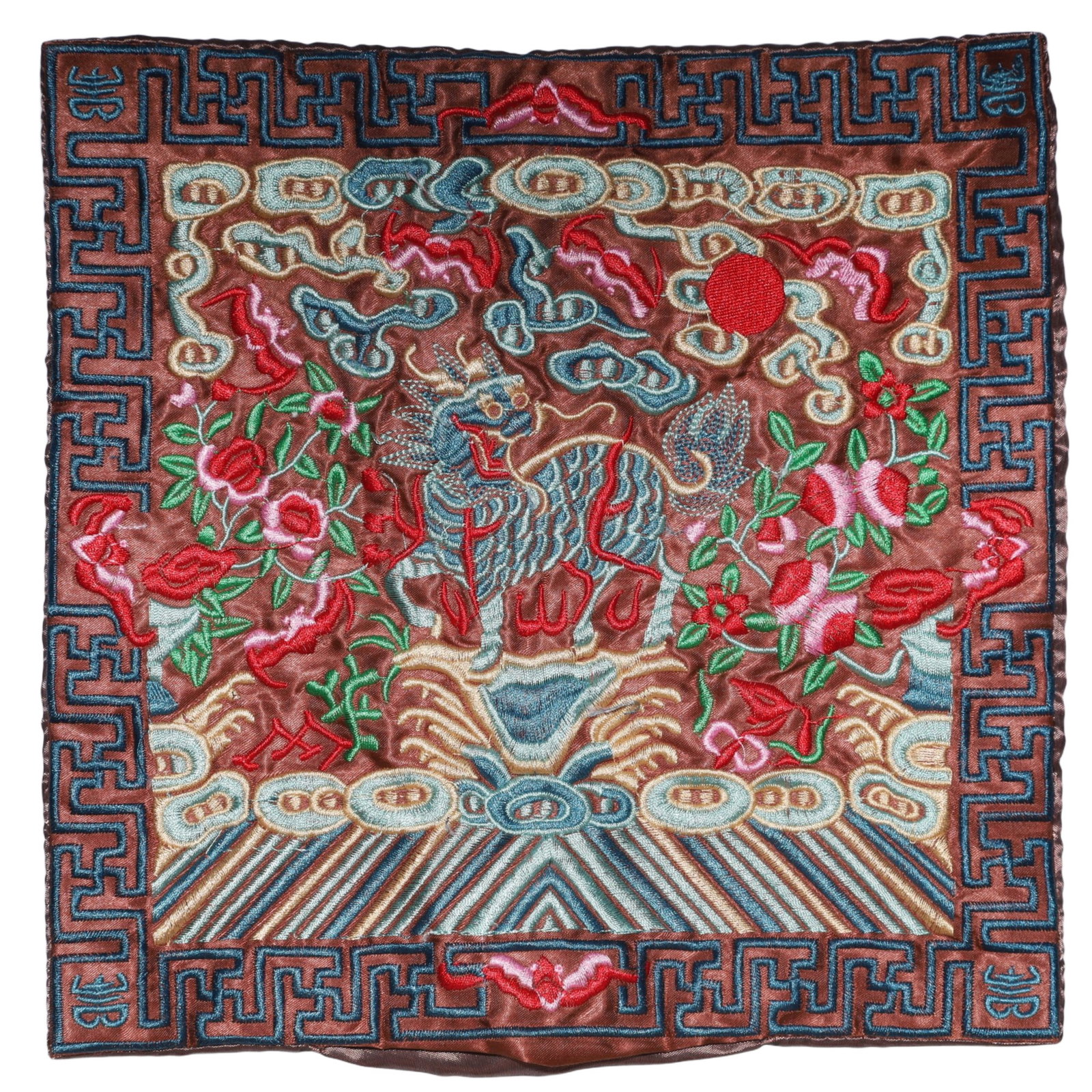6.60Ctw Natural Tourmaline Loose: An Exquisite Embroidery Kylin Pattern Civil Official Rank Badges,Qing Dynasty,China,Size:10.2inx10.2in 刺绣麒麟官补,中国清代