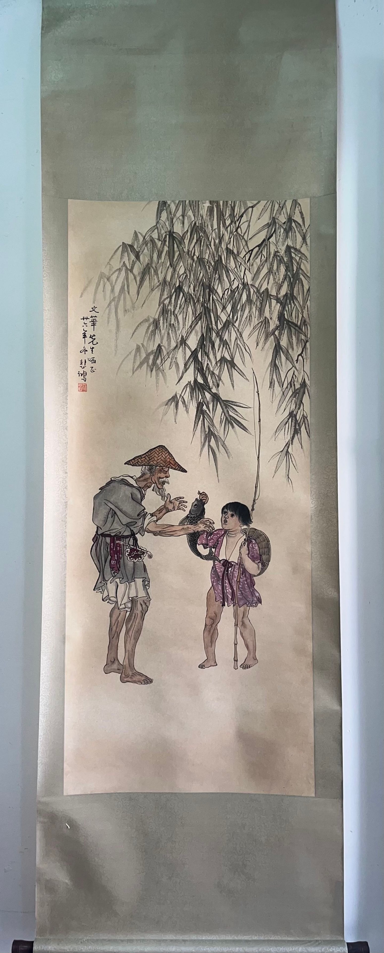 A Chinese Vertical Scroll Ink Calligraphy on Paper: A Chinese Vertical Scroll Ink Painting of Character and Story on Paper,Xu Beihong,Size:53.9inx26.4in