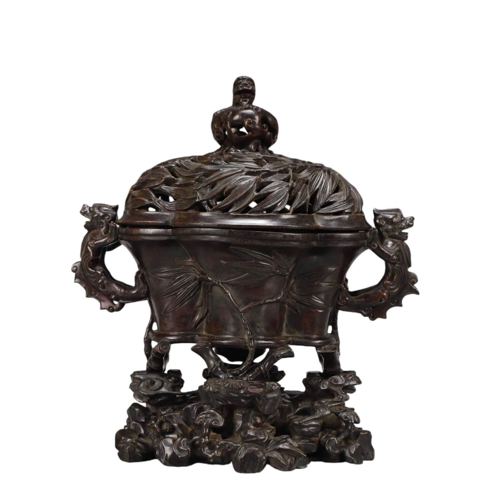 An Exquisite Bronze-Gold Plated Inlaid White Jade Wealth-Attracting Creature Ring: An Exquisite Zitanwood Bamboo Pattern Dragon-Ears Censer,Qing Dynasty,China,Qianlong Mark,Size:11inx7.1inx12.4in,Weight:1550g 紫檀木竹纹龙耳香炉,&