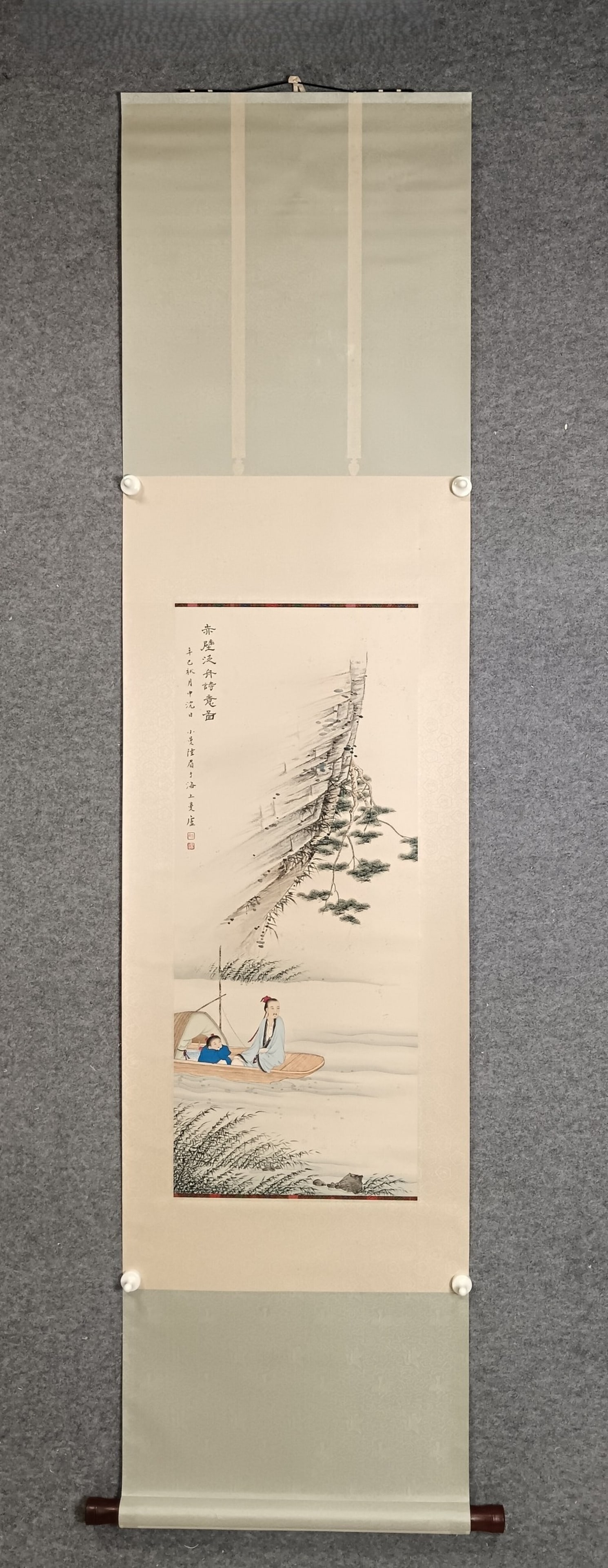 An Exquisite Famille-Rose Bamboo Sparrow Peony Pattern Snuff Bottle: A Chinese Vertical Scroll Ink Painting of Landscape and Figure on Paper,Lu Xiaoman,Size:14.2inx33.9in 一幅中国水墨山水人物画立&#
