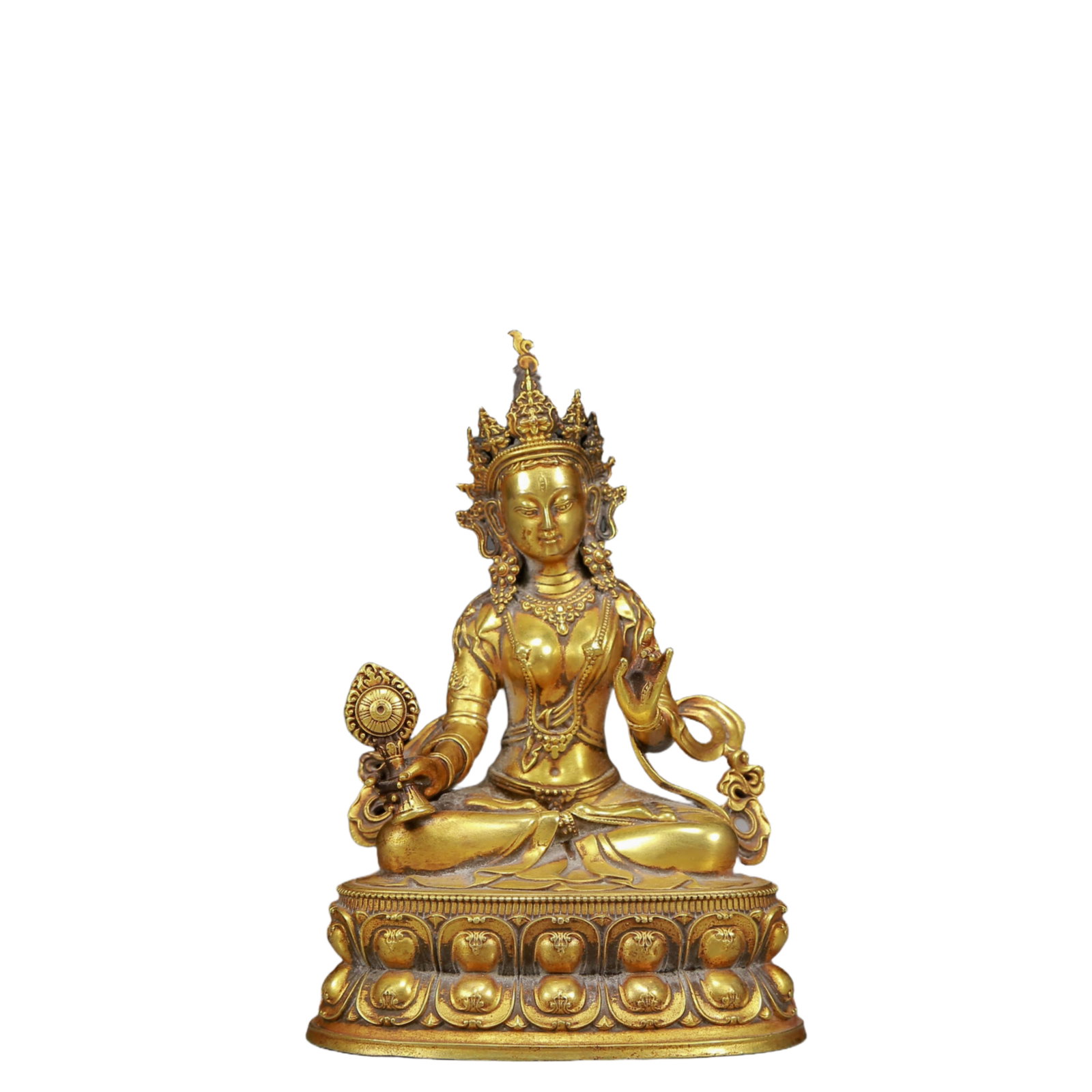 An Exquisite White Jade Bodhisattva Pendant: A Solemn Gilt Bronze Statue of Avalokitesvara,Ming Dynasty, China,Size:4.1inx3.1inx6.1in,Weight:1555g 铜鎏金观音像，明代