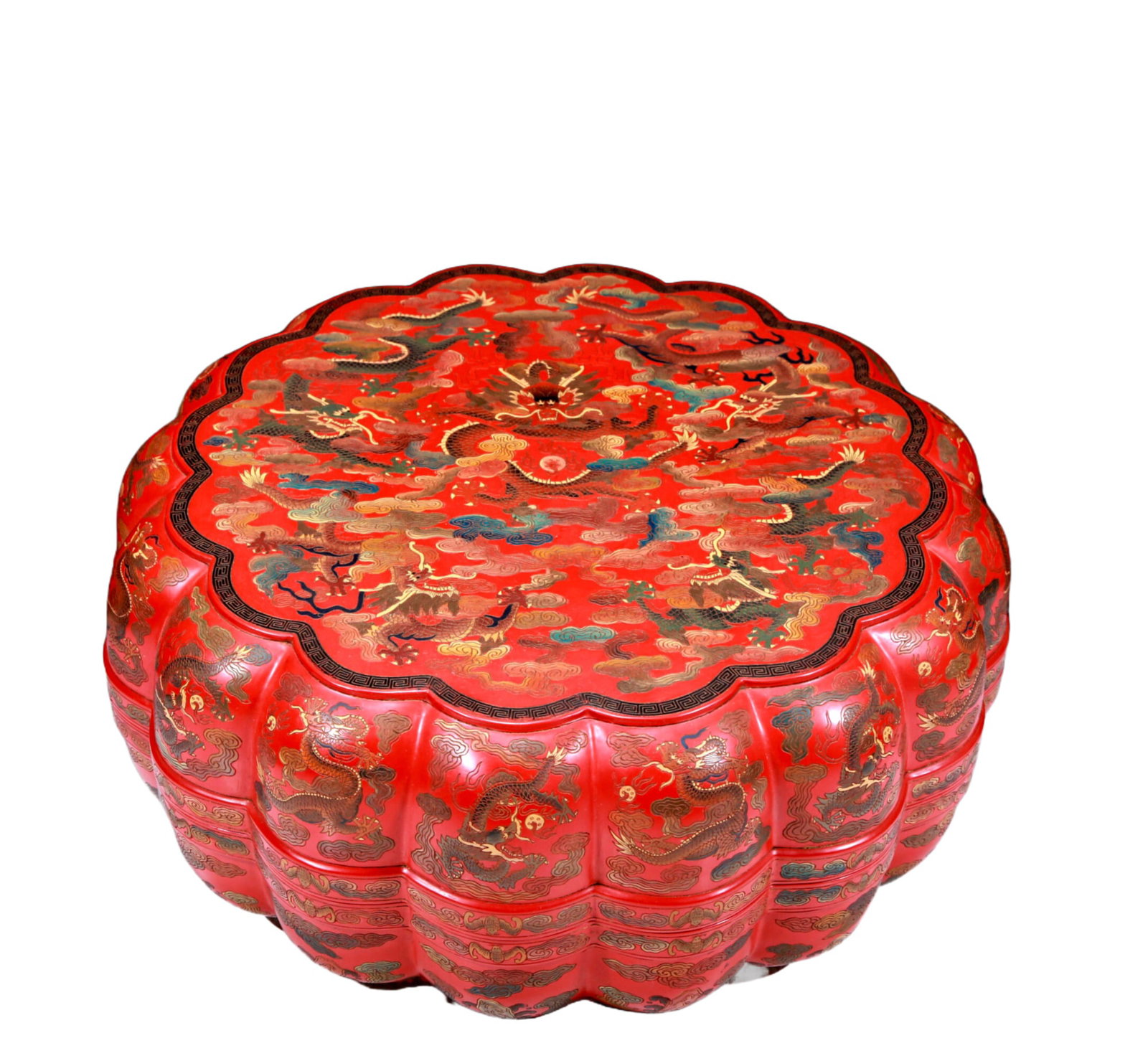 USA Trade Dollar 1875 Coin: An Elaborate Red-Lacquered Painted 'Dragon& Auspicious Cloud' Box. Painted and incised with scaly, sinuous dragons writhing amidst dense clouds. Chinese Qing Dynasty. Qianlong Six-Character Mark.