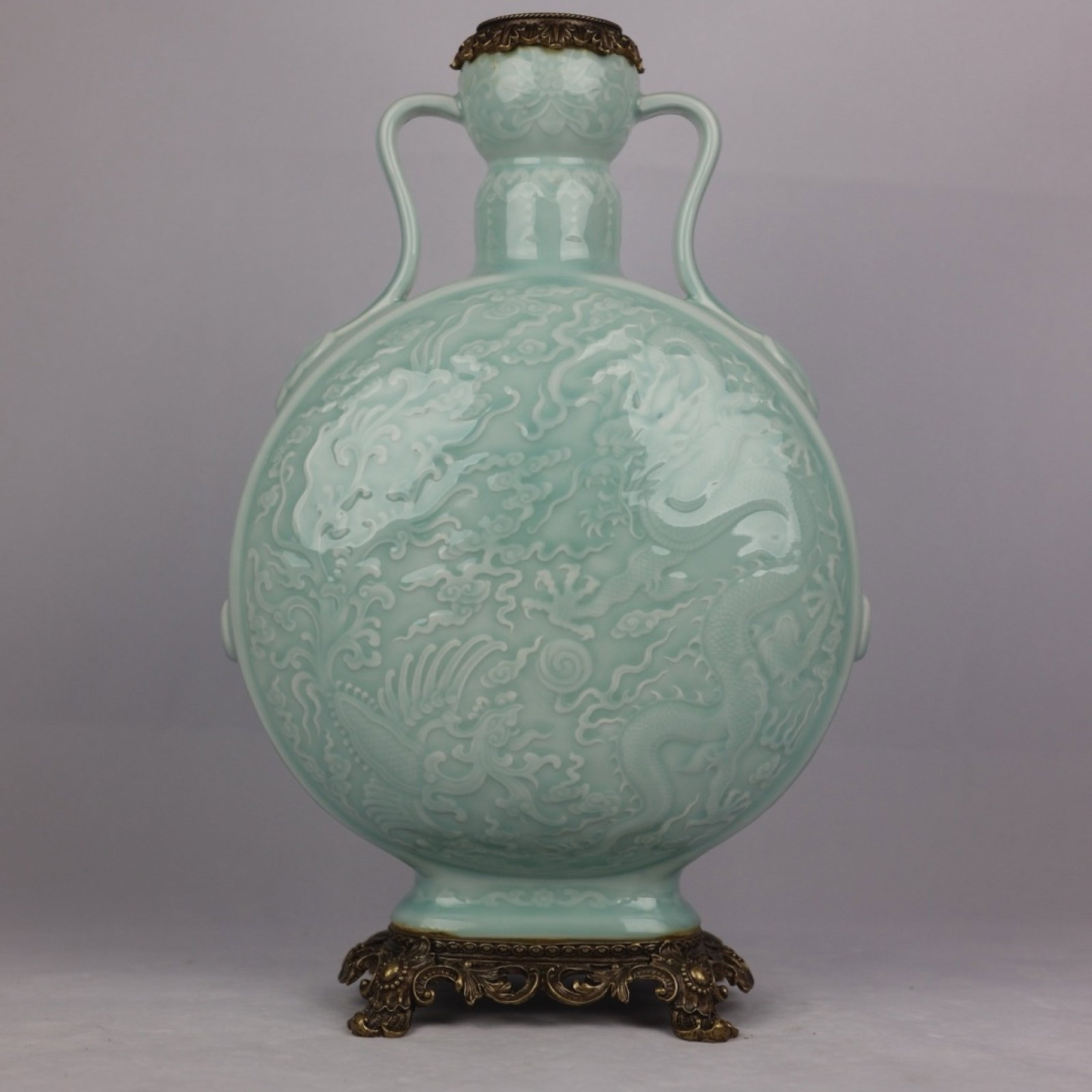An Exquisite Beeswax Inlaid Silver Necklace: A Huge Celadon Glazed Inlaid Bronze Auspicious Cloud and Dragon Pattern Double-Ears Vase,Qing Dynasty,China,Qianlong Six-character Mark,Size:17.3inx6.7in