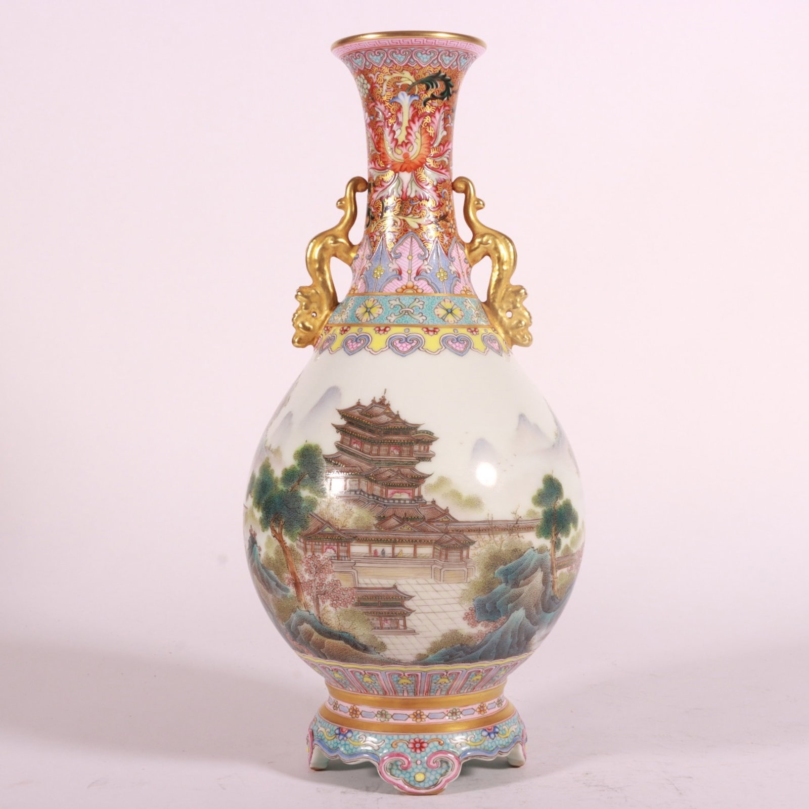 An Exquisite Cloisonne Lotus Pattern Double-Ears and Beast-Legs Censer: An Exquisite Famille-Rose Painted Gold Landscape Pattern Double-Ears Vase,with poem,Qing Dynasty,China,Qianlong Four-character Mark,Size:9.1inx4.7in