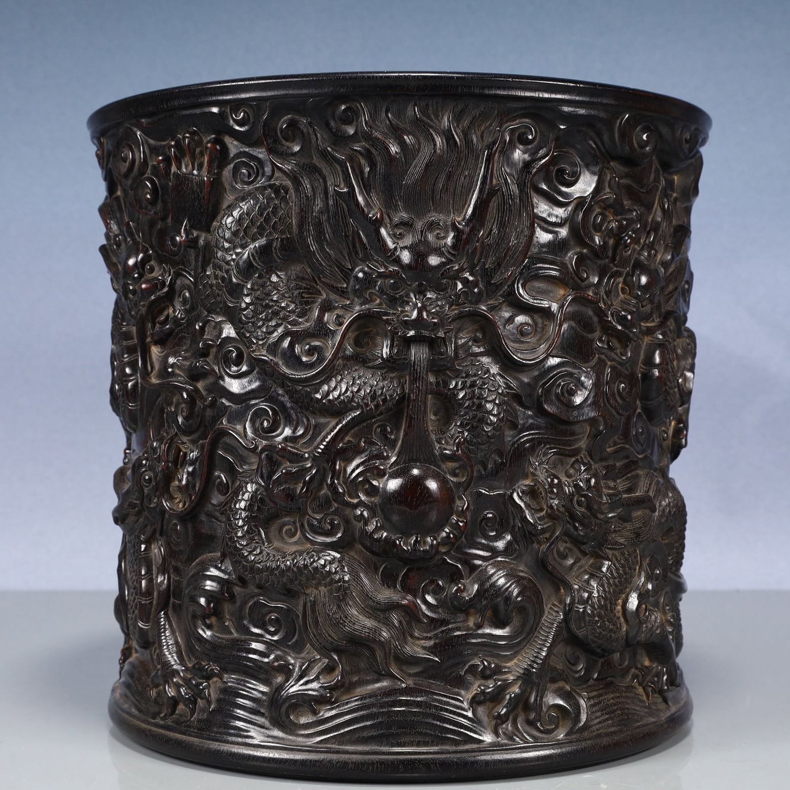 A Rare Blue and White Wucai Character and Story Pattern Loop-Handled Pot: An Exquisite Zitanwood Auspicious Cloud and Dragon Pattern Brush Pot,Qing Dynasty, China,Size:10.6inx10.2in,Weight:3500g