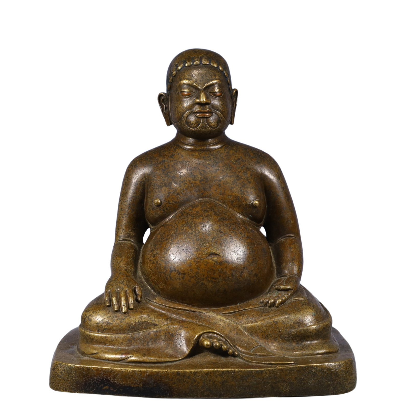 A Rare Brocade Painted Color Statue of Vajra Tangka: A Solemn Bronze Statue of Guru,With Inscription,Qing Dynasty, China,Size:5.7inx7.9inx8.7in,Weight:3550g 铜上师像,带铭文,中国清代