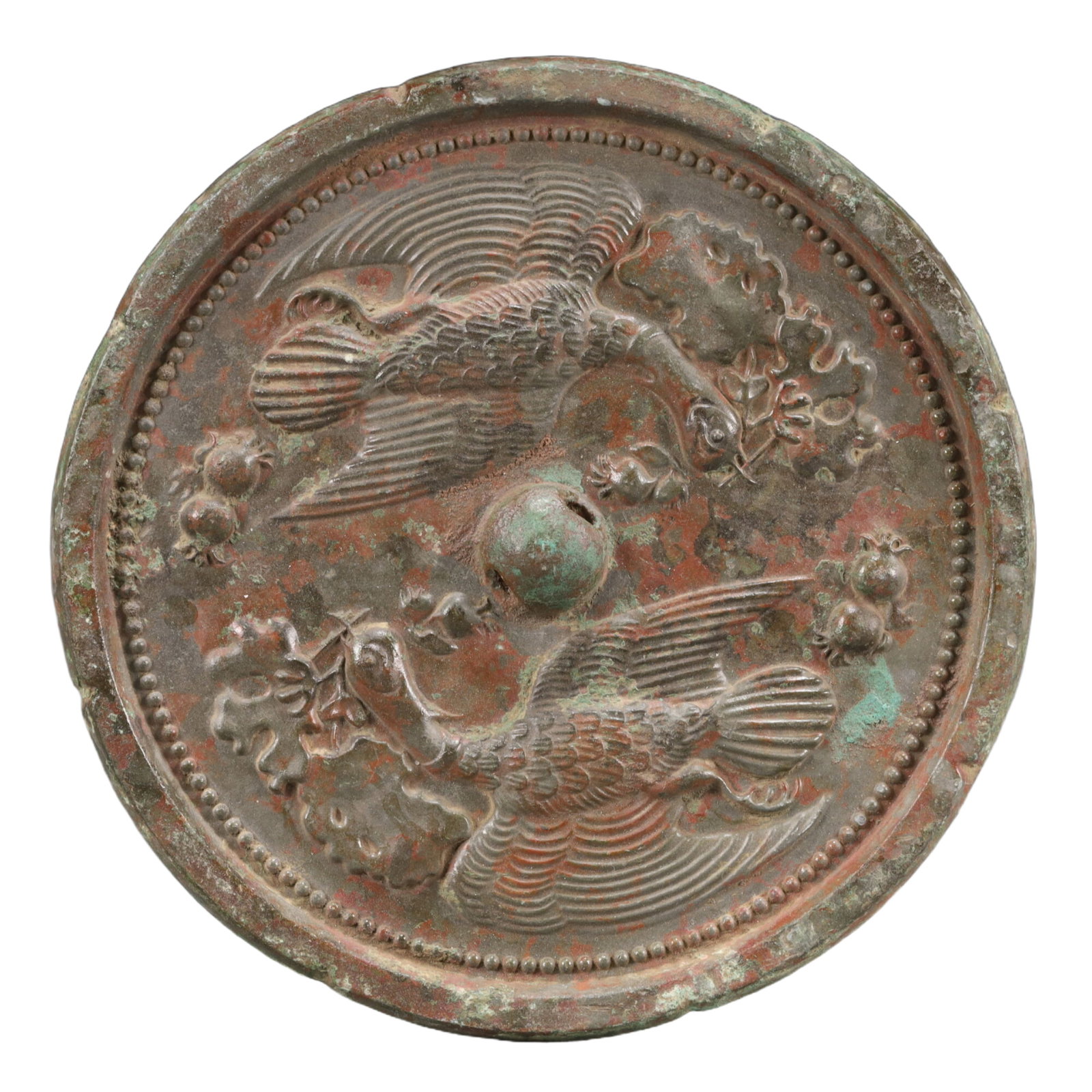 An Exquisite Bronze-Gold Plated Inlaid White Jade Necklace,Inlaid Diamond: An Archaic Bronze Flower and Bird Pattern Mirror,Ancient Time, China,Size:6.9inx0.5in Weight:739g 青铜花鸟纹铜镜,中国远古时ć