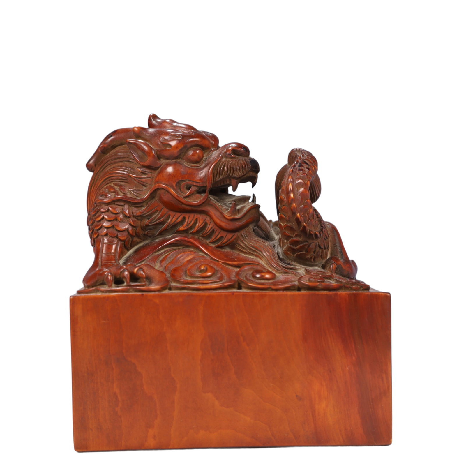 An Archaic Bronze Spoon,With Inscription: An Exquisite Boxwood Auspicious Cloud and Dragon Pattern Seal,Qing Dynasty, China,Size:3.7inx3.9in,Weight:550g